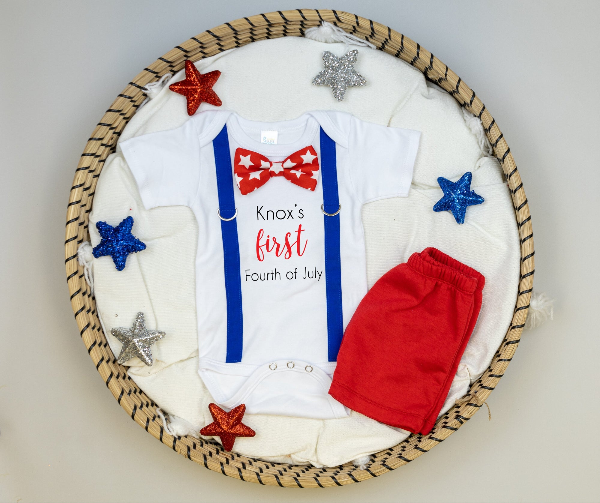 Cuddle Sleep Dream Oh Snap Personalized First 4th Bow Tie & Suspender Bodysuit