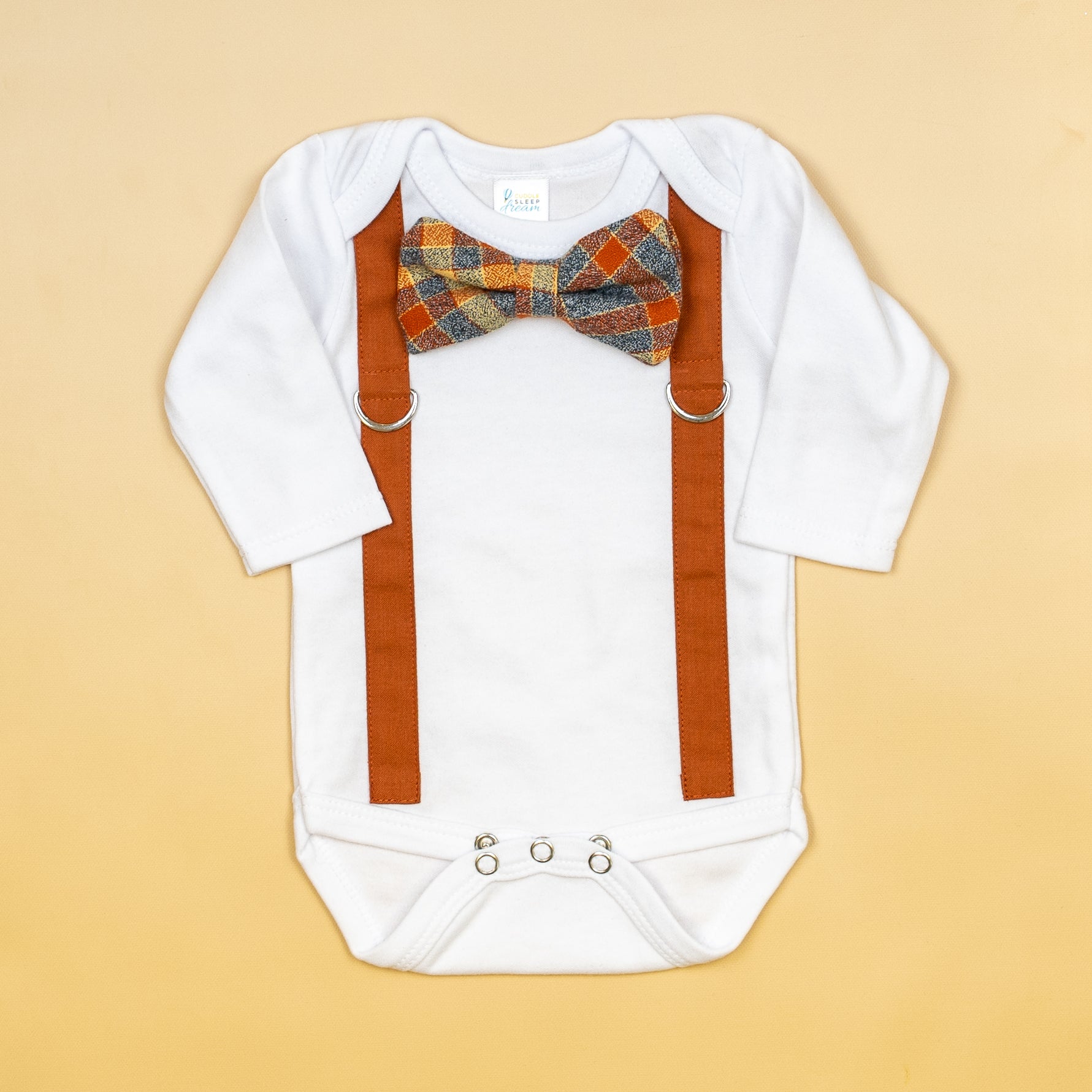 Cuddle Sleep Dream Oh Snap Burnt Orange Suspender | Orange & Cream Plaid Bow Tie
