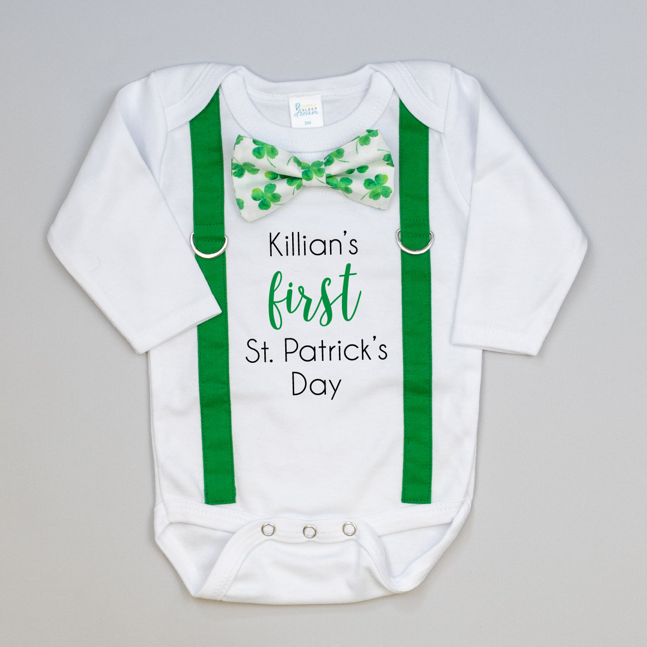 Cuddle Sleep Dream Oh Snap Personalized 1st St. Patrick's Day | Green Suspenders | Shamrocks on White Bowtie