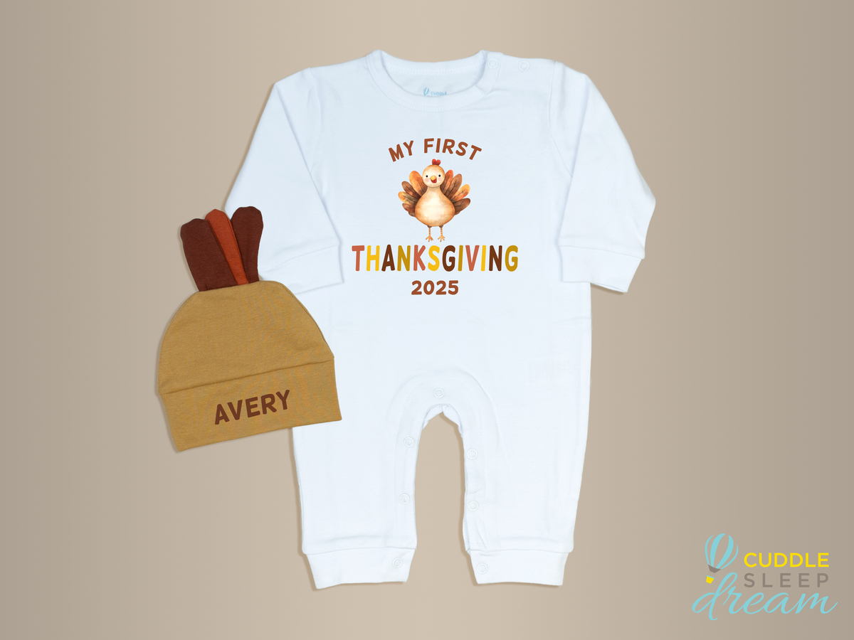Cuddle Sleep Dream Romper Baby&#39;s 1st Thanksgiving | White Long Romper