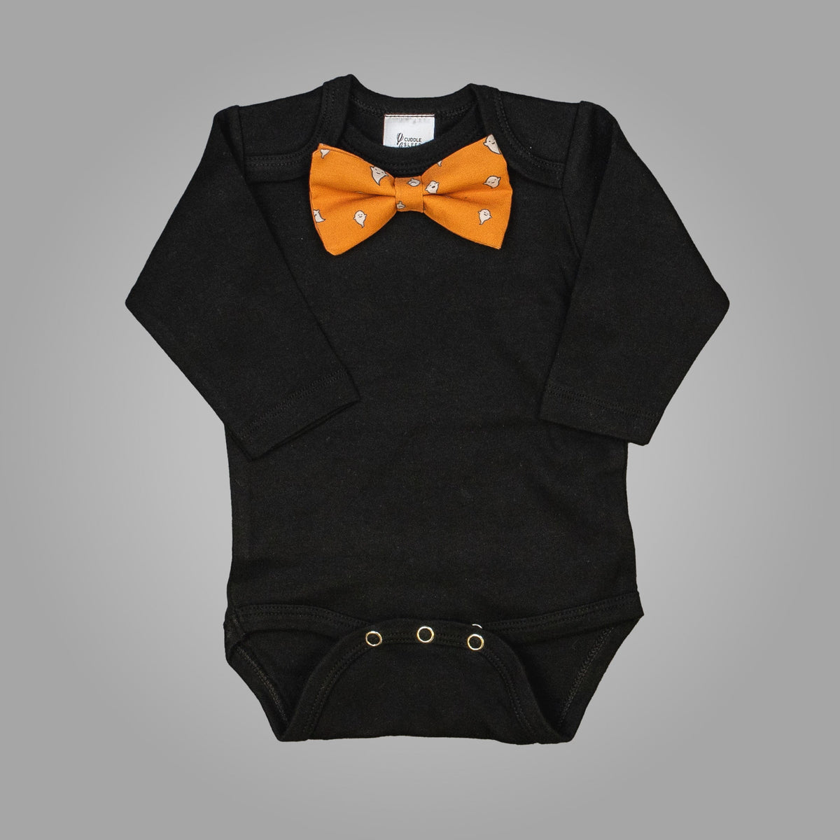 Cuddle Sleep Dream Oh Snap 0-3m SHORT sleeve / GHOST on orange bowtie Black Bodysuit | Halloween Bowtie
