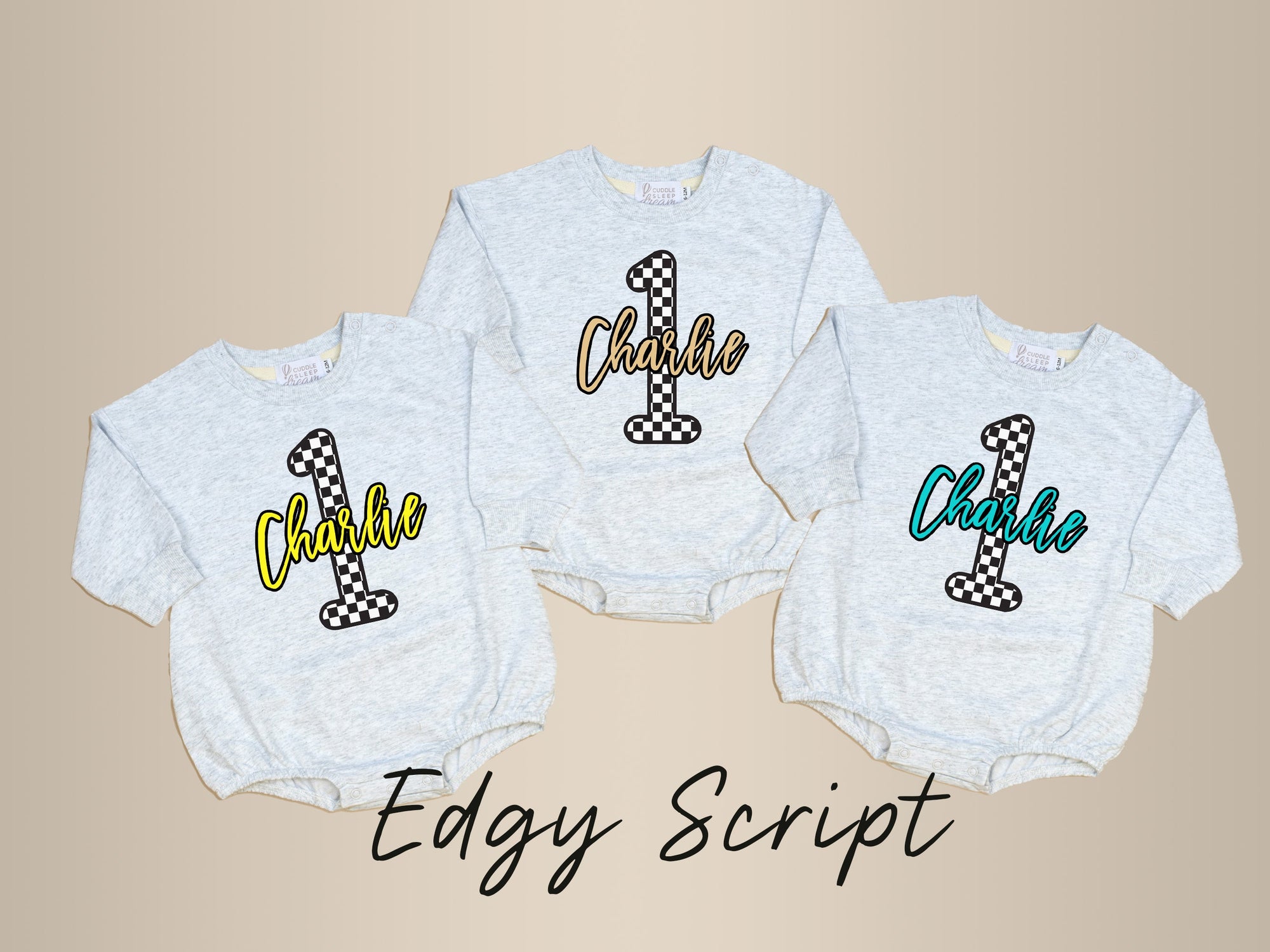 Cuddle Sleep Dream Sweater Romper Checkerboard 1 | 1st Birthday Gray Sweatshirt Romper