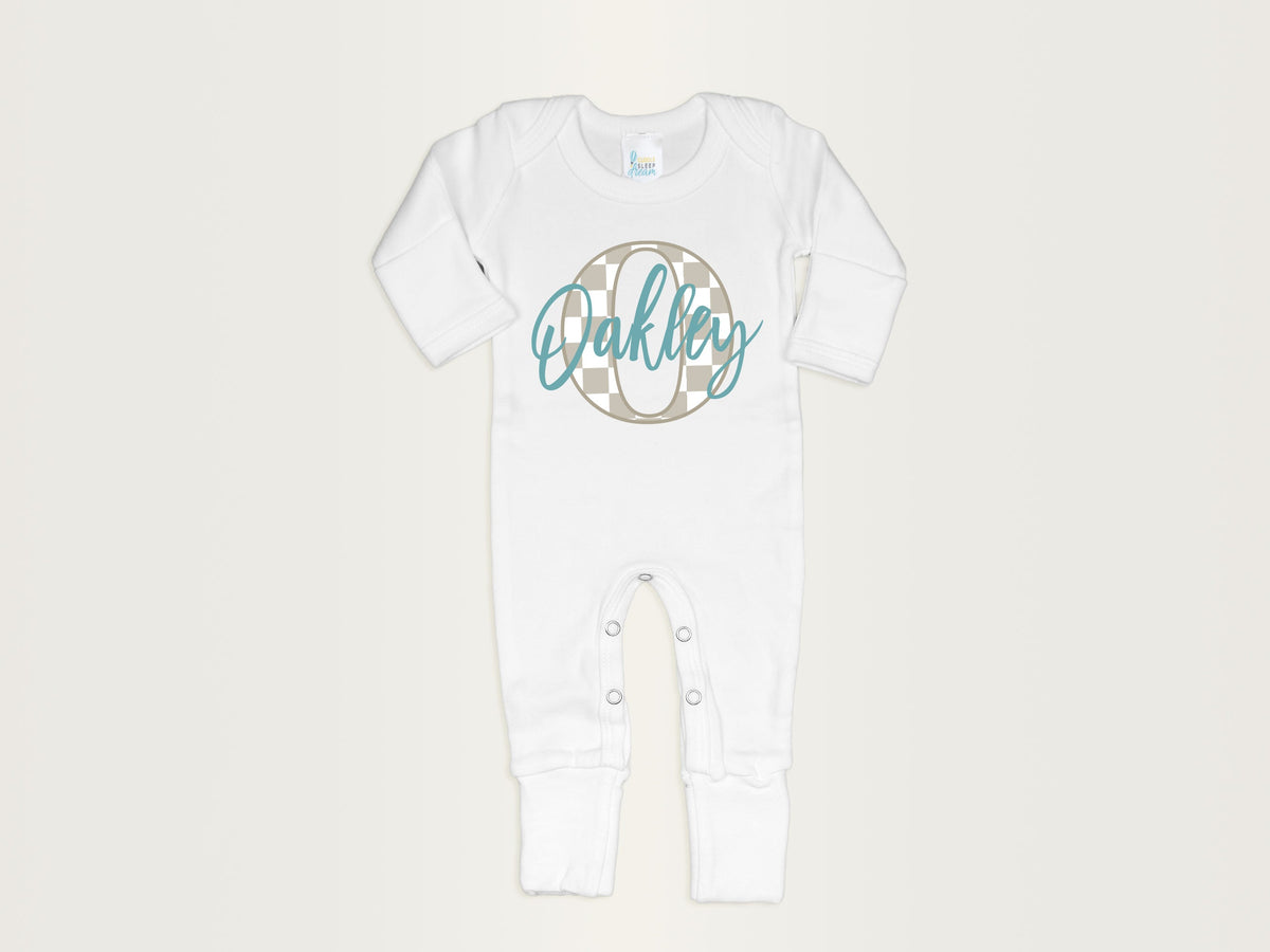 Cuddle Sleep Dream Bundles Checkerboard Initial Romper &amp; Hat | White &amp; Robin&#39;s Egg