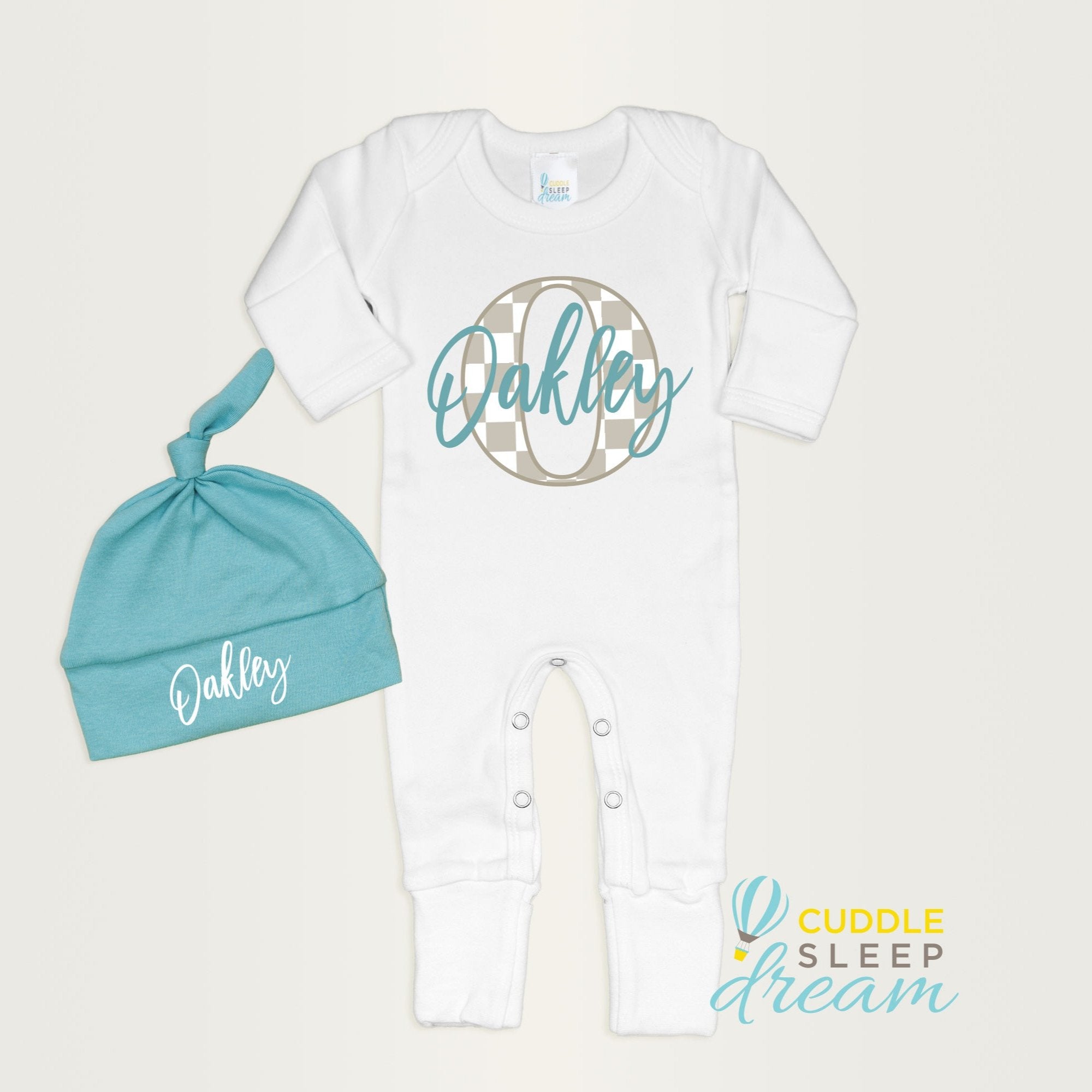 Cuddle Sleep Dream Bundles Checkerboard Initial Romper & Hat | White & Robin's Egg