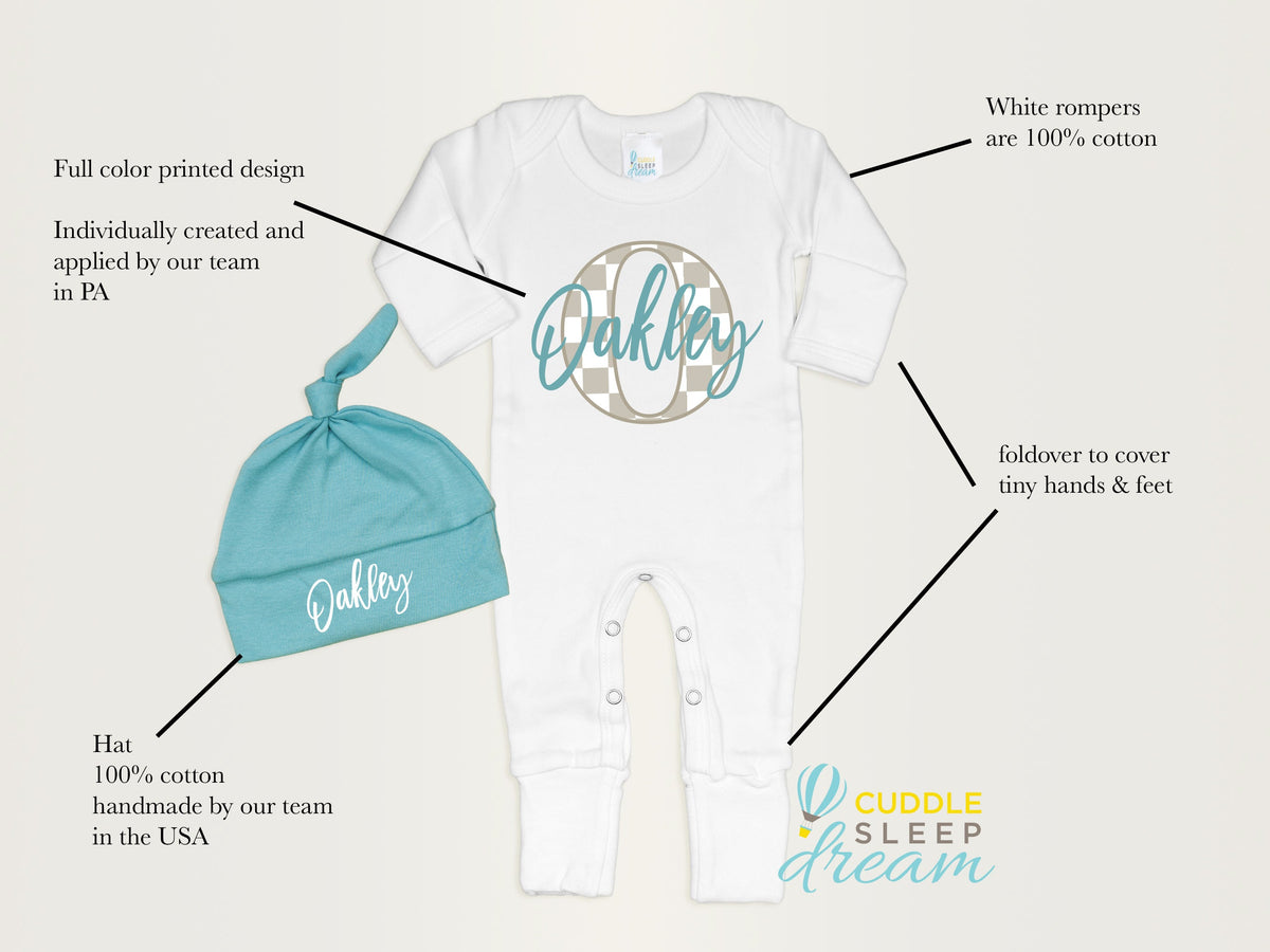 Cuddle Sleep Dream Bundles Checkerboard Initial Romper &amp; Hat | White &amp; Robin&#39;s Egg