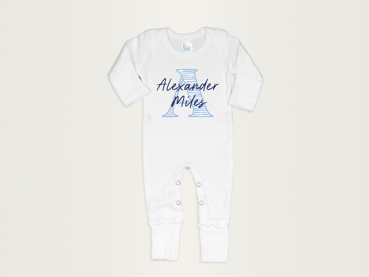 Cuddle Sleep Dream Bundles Cloud Stripe Initial Romper &amp; Hat | White