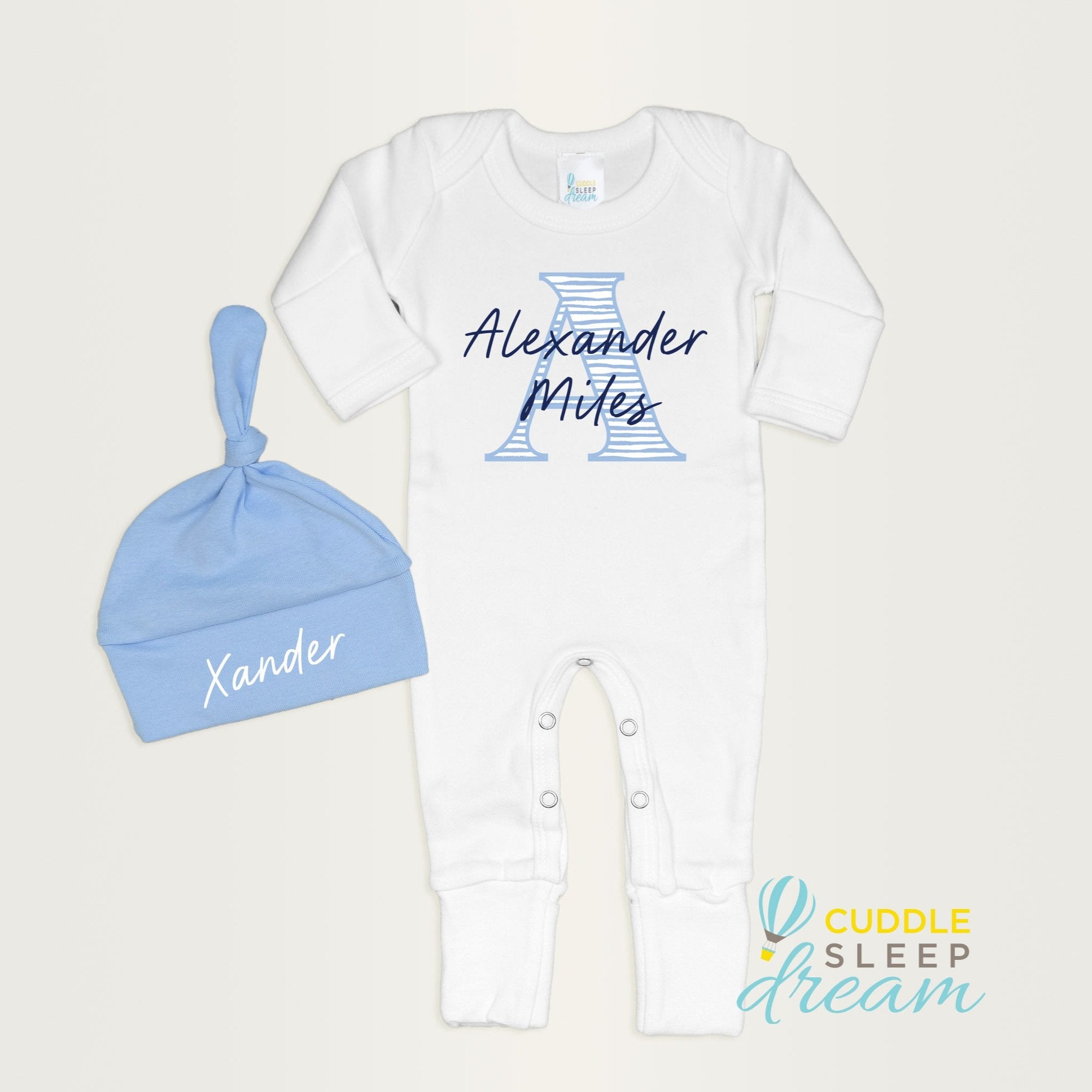 Cuddle Sleep Dream Bundles Cloud Stripe Initial Romper & Hat | White