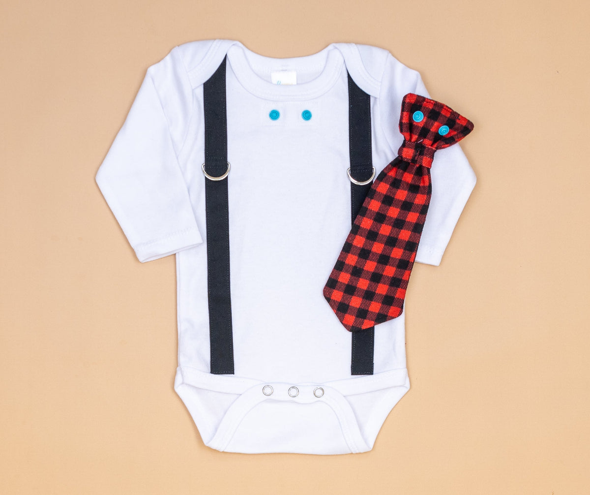 Cuddle Sleep Dream Oh Snap Black Suspender / Buffalo Plaid &quot;My 1st Christmas&quot; Tie