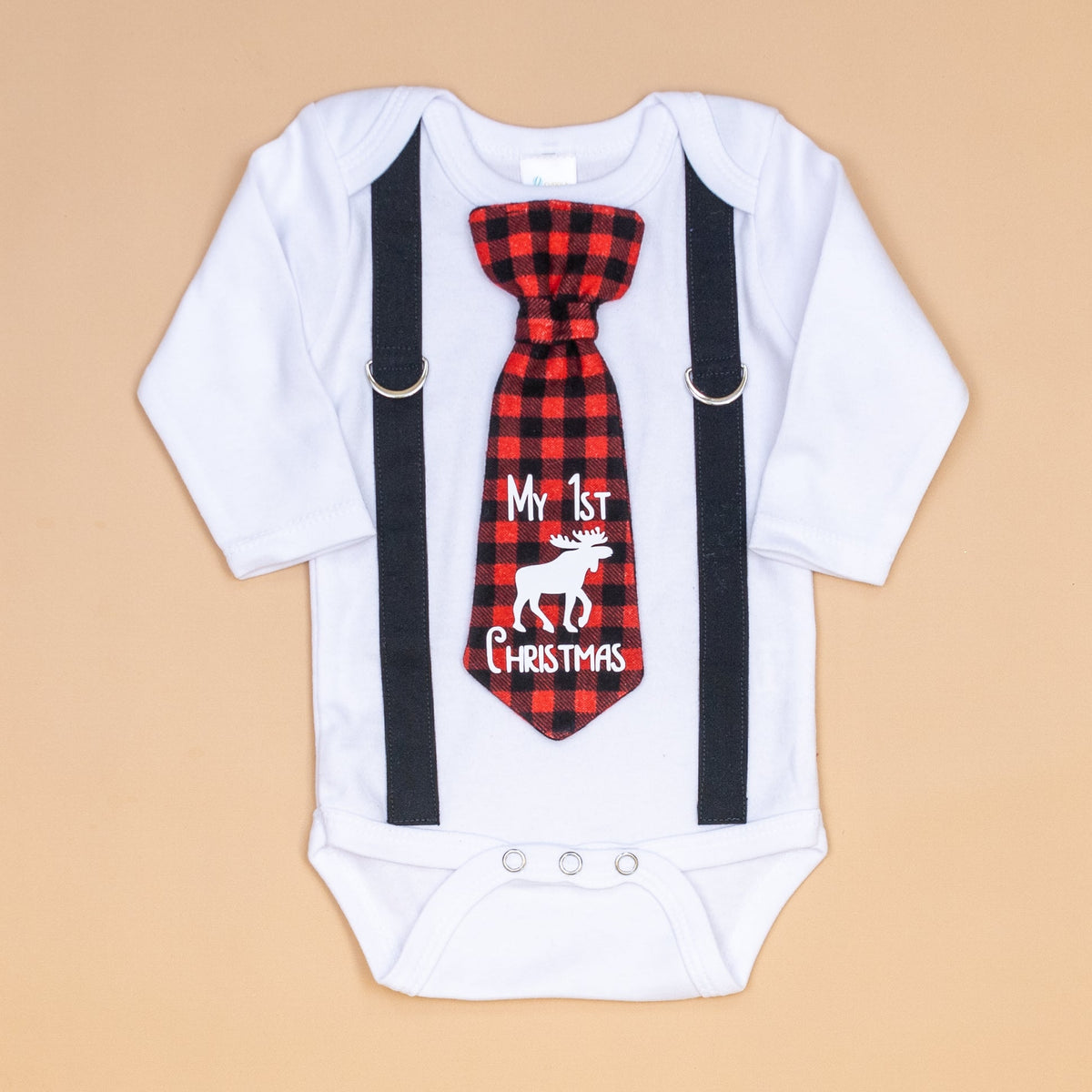 Cuddle Sleep Dream Oh Snap Black Suspender / Buffalo Plaid &quot;My 1st Christmas&quot; Tie
