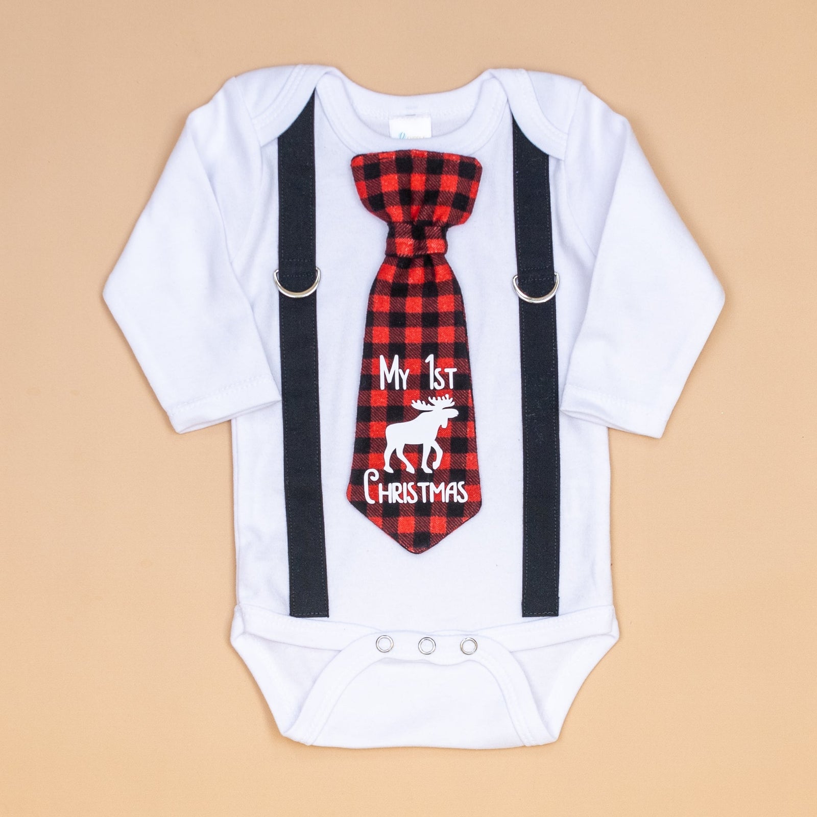 Cuddle Sleep Dream Oh Snap Black Suspender / Buffalo Plaid "My 1st Christmas" Tie