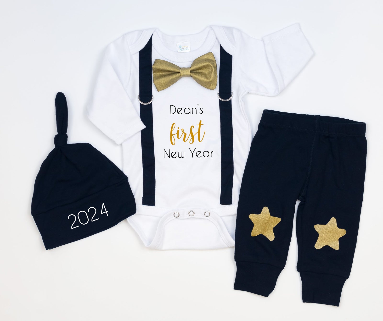 Cuddle Sleep Dream Oh Snap First New Year | Bow Tie & Suspender Bodysuit
