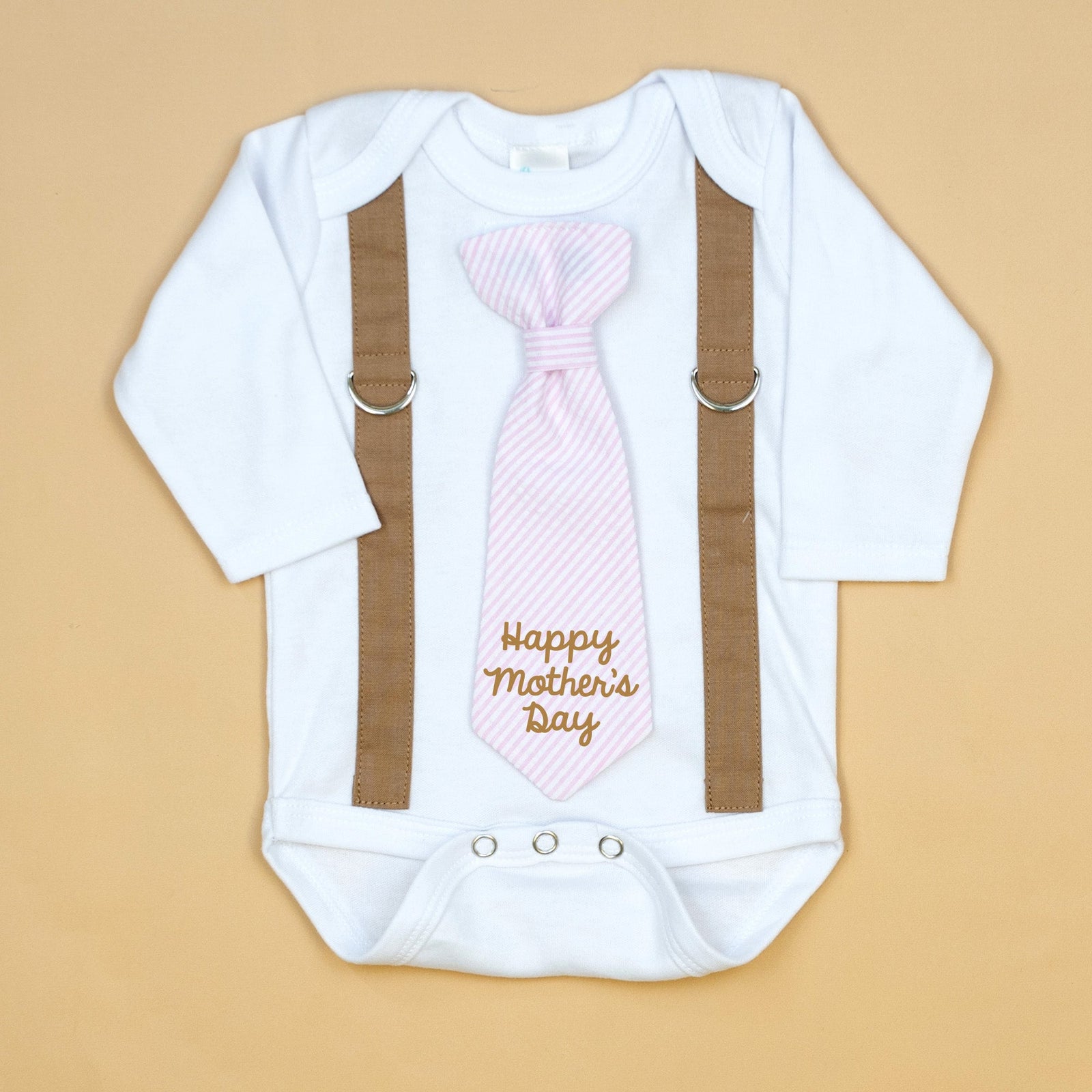 Cuddle Sleep Dream Oh Snap Happy Mother's Day / NB Short Sleeve Bodysuit Mocha Suspenders | Mother's Day Tie