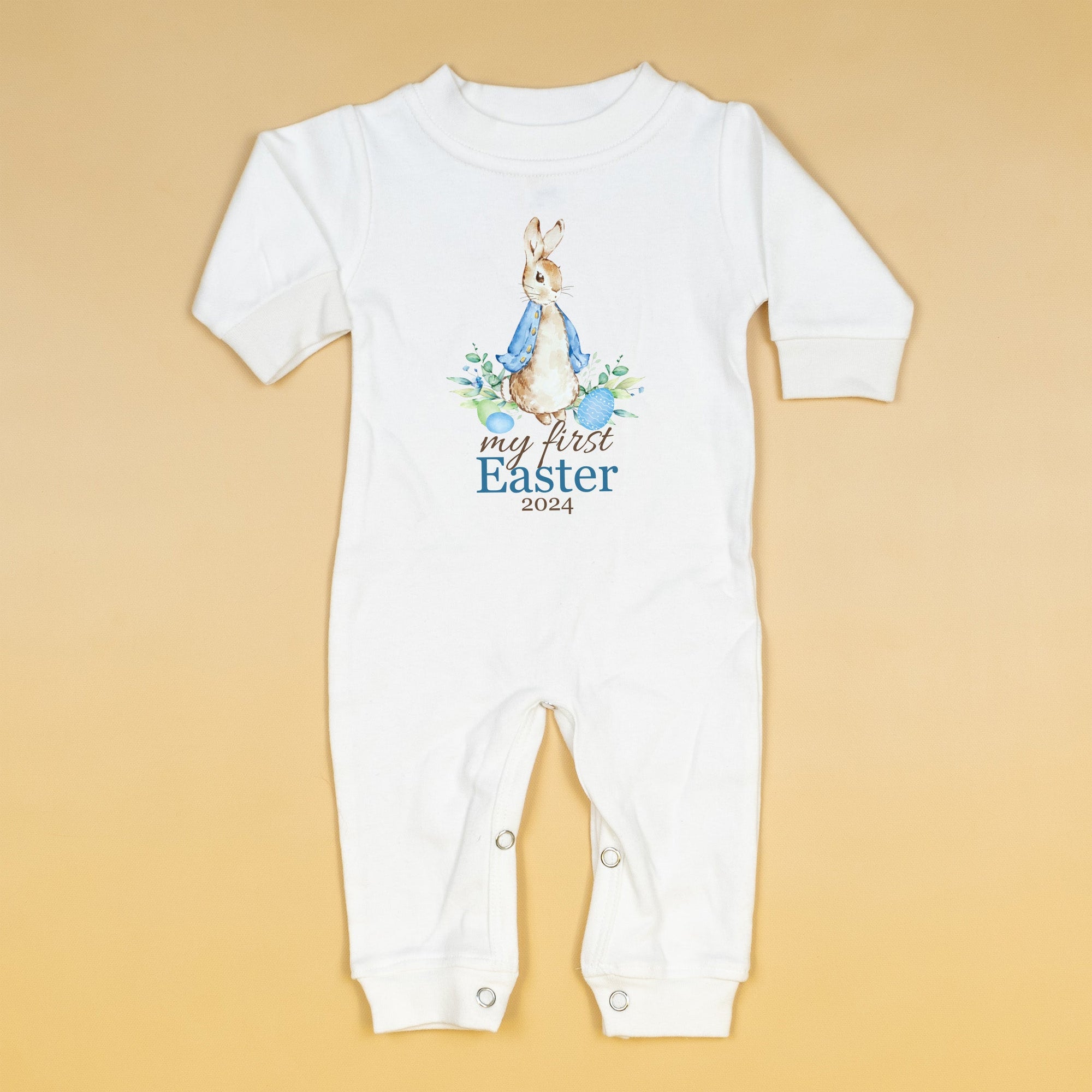 Cuddle Sleep Dream My First Easter w/ Blue Cottontail Rabbit | White Long Romper