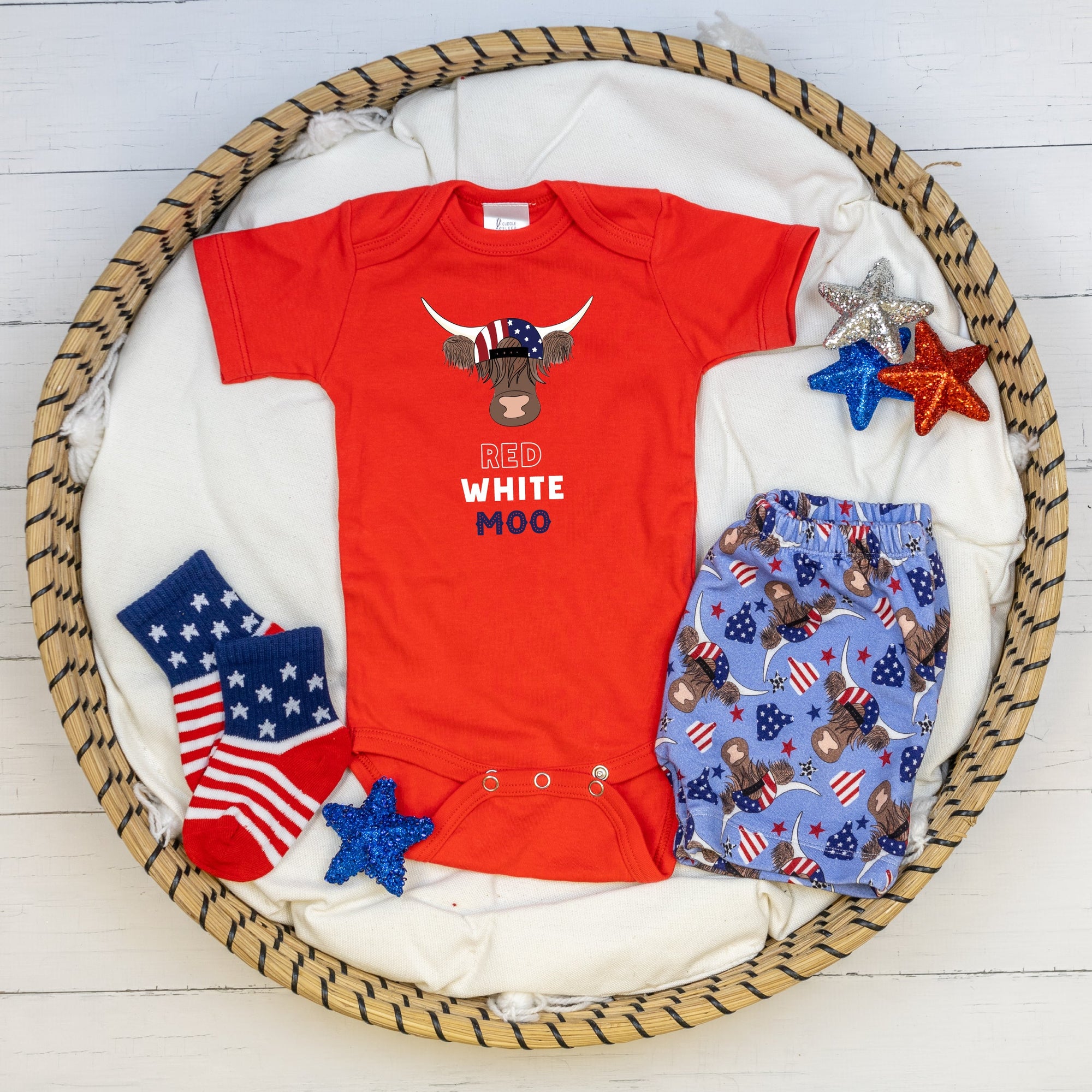 Cuddle Sleep Dream Rolled Hem Shorts Patriotic Cows | Bamboo French Terry Shorts
