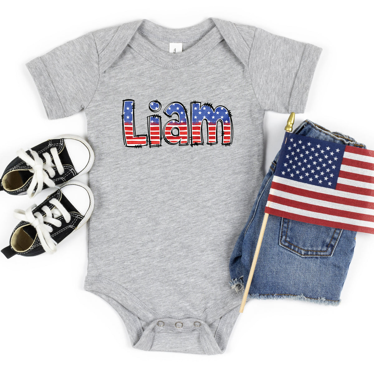 Cuddle Sleep Dream Heather Gray / 3m / 0-3m Short Sleeve Patriotic Custom Name | Infant Bodysuit