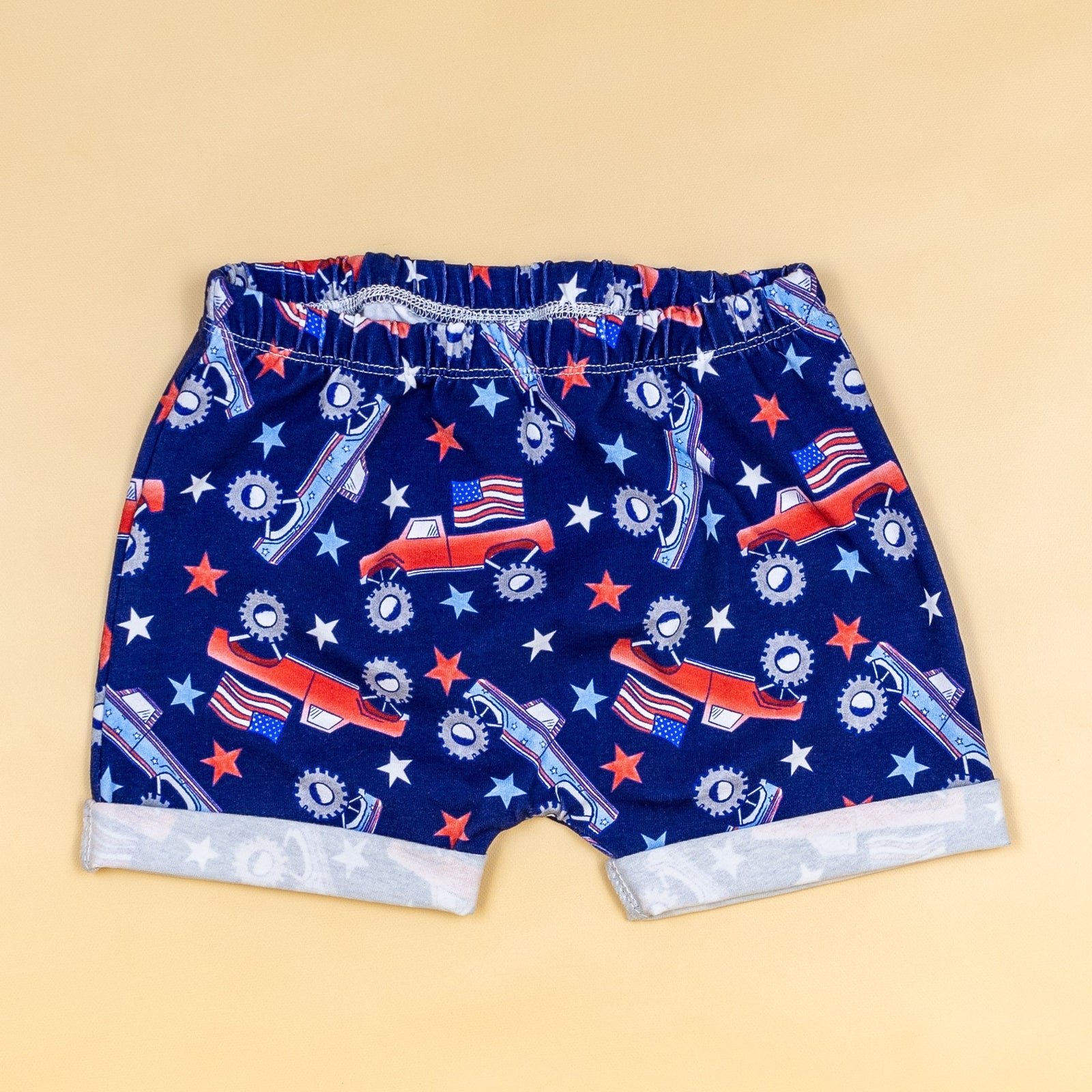 Cuddle Sleep Dream Rolled Hem Shorts Patriotic Monster Trucks | Rolled Hem Shorts