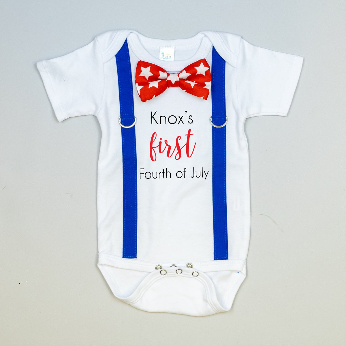 Cuddle Sleep Dream Oh Snap Personalized First 4th Bow Tie &amp; Suspender Bodysuit