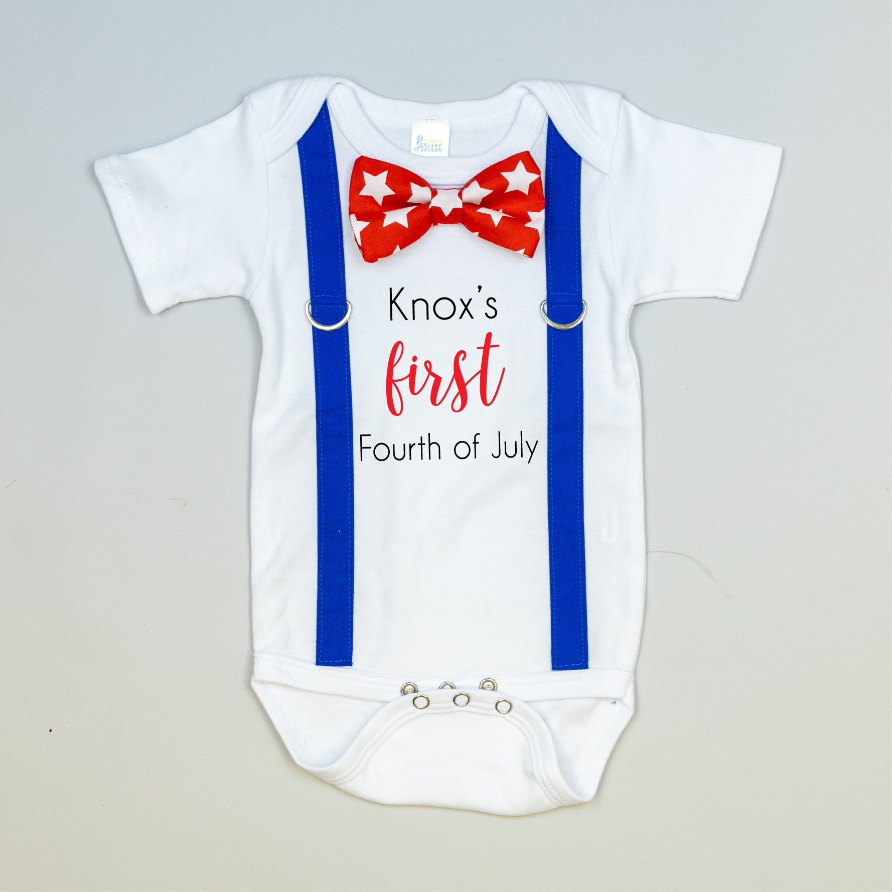 Cuddle Sleep Dream Oh Snap Personalized First 4th Bow Tie & Suspender Bodysuit