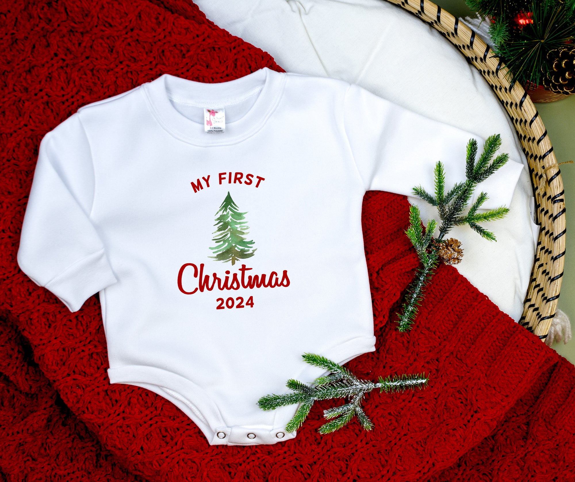 My First Christmas w/ Tree | White Fleece Oversized Bodysuit