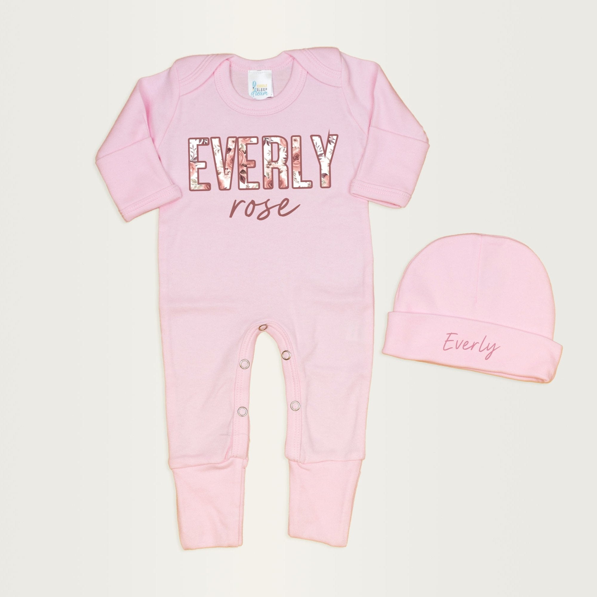 Cuddle Sleep Dream Floral Name Romper & Hat | Pastel Pink