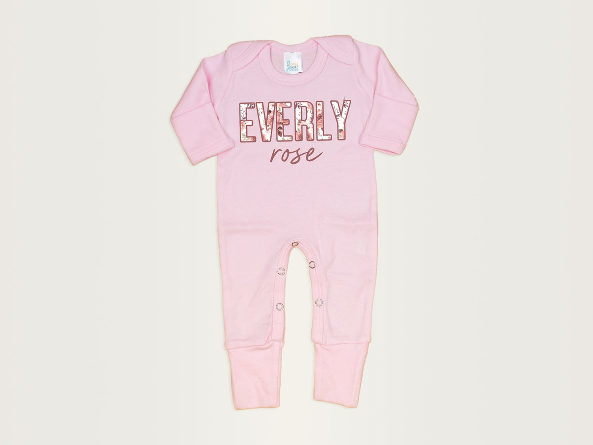 Cuddle Sleep Dream Floral Name Romper &amp; Hat | Pastel Pink