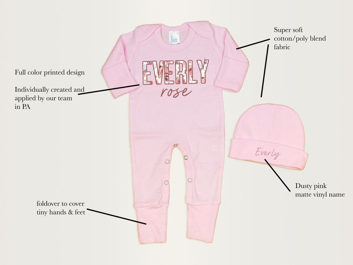 Cuddle Sleep Dream Floral Name Romper &amp; Hat | Pastel Pink