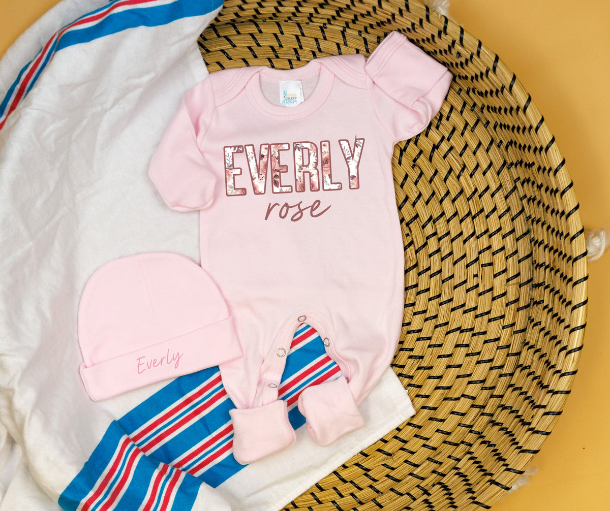 Cuddle Sleep Dream Floral Name Romper &amp; Hat | Pastel Pink