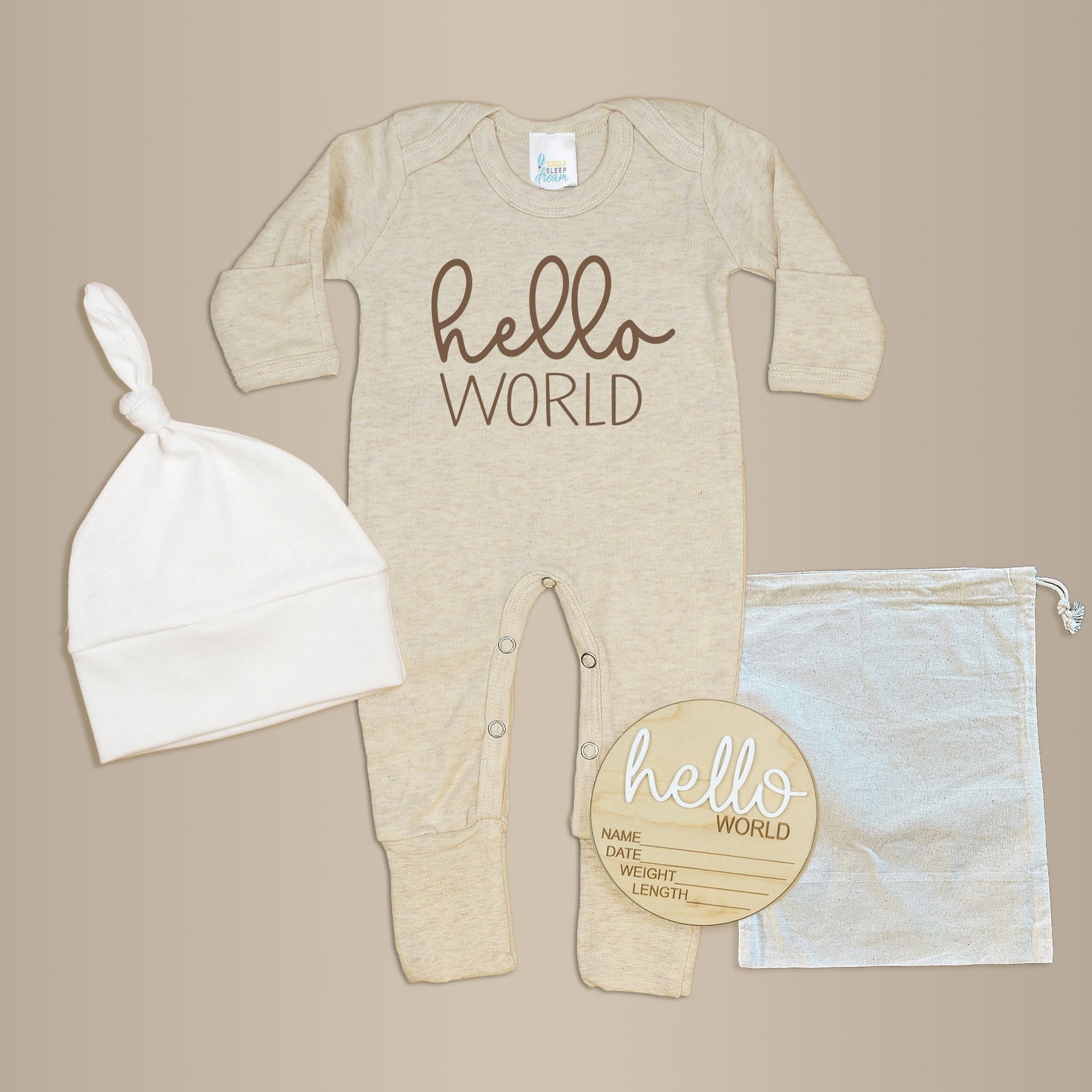 Cuddle Sleep Dream Romper Hello World | Oatmeal Gift Bundle