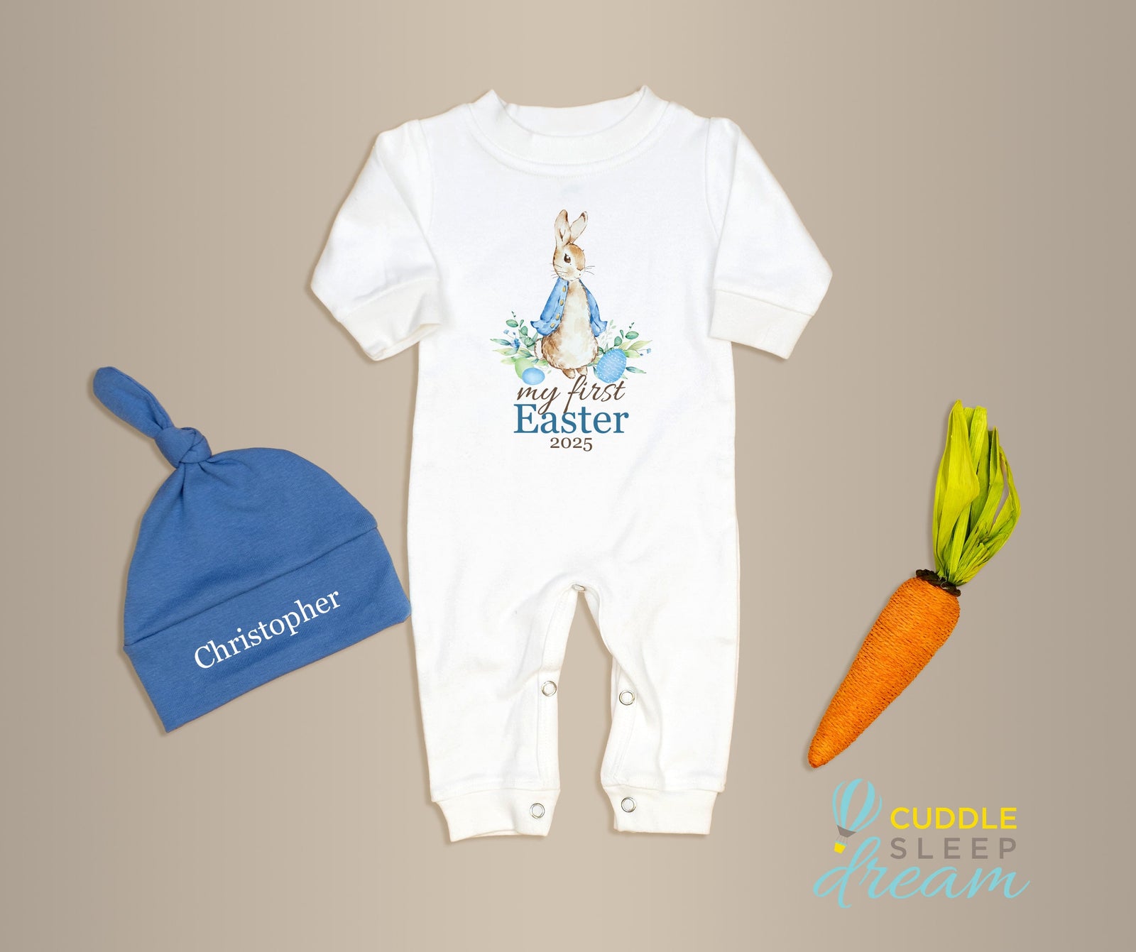 Cuddle Sleep Dream My First Easter w/ Blue Cottontail Rabbit | White Long Romper
