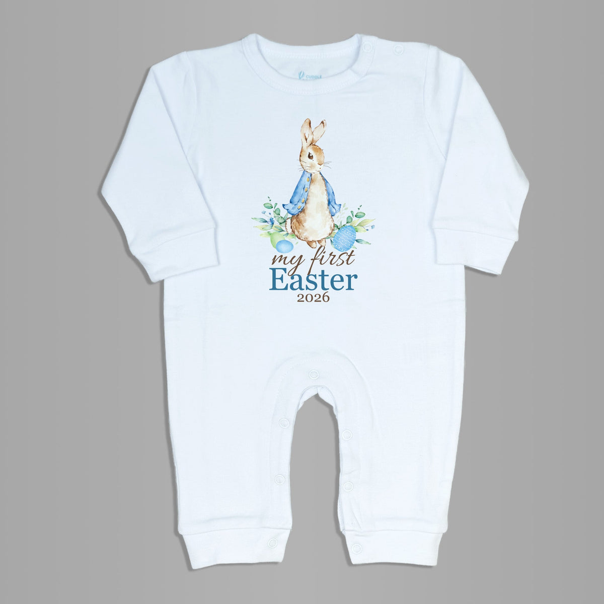 Cuddle Sleep Dream My First Easter w/ Blue Cottontail Rabbit | White Long Romper