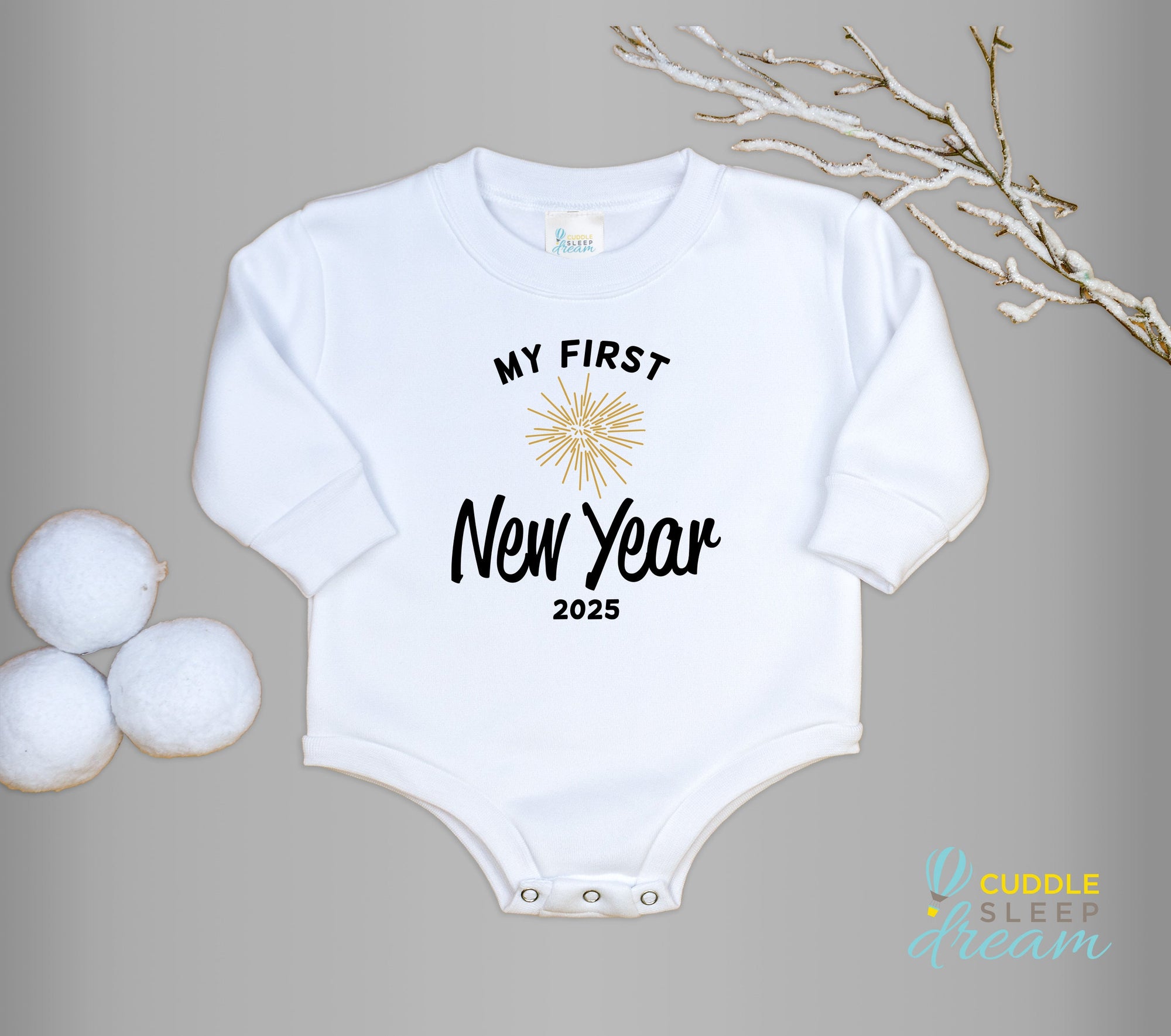 Cuddle Sleep Dream My First New Year w/ Firework | White Fleece Oversized Bodysuit