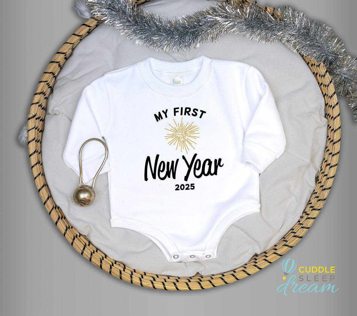 Cuddle Sleep Dream My First New Year w/ Firework | White Fleece Oversized Bodysuit