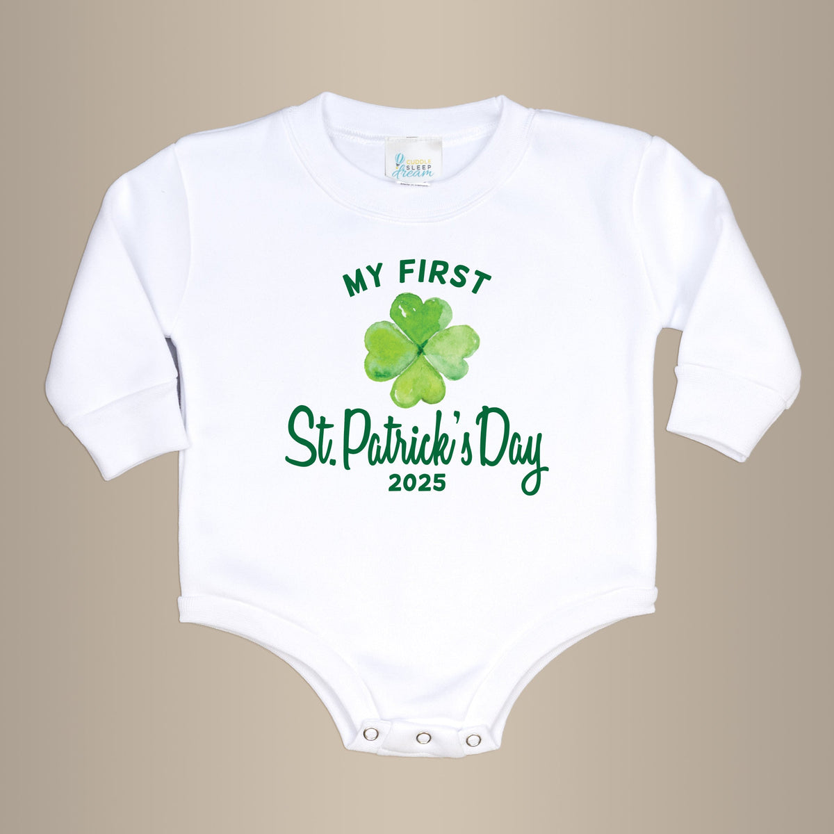 Cuddle Sleep Dream My First St. Patrick&#39;s Day w/ Shamrock | White Fleece Oversized Bodysuit