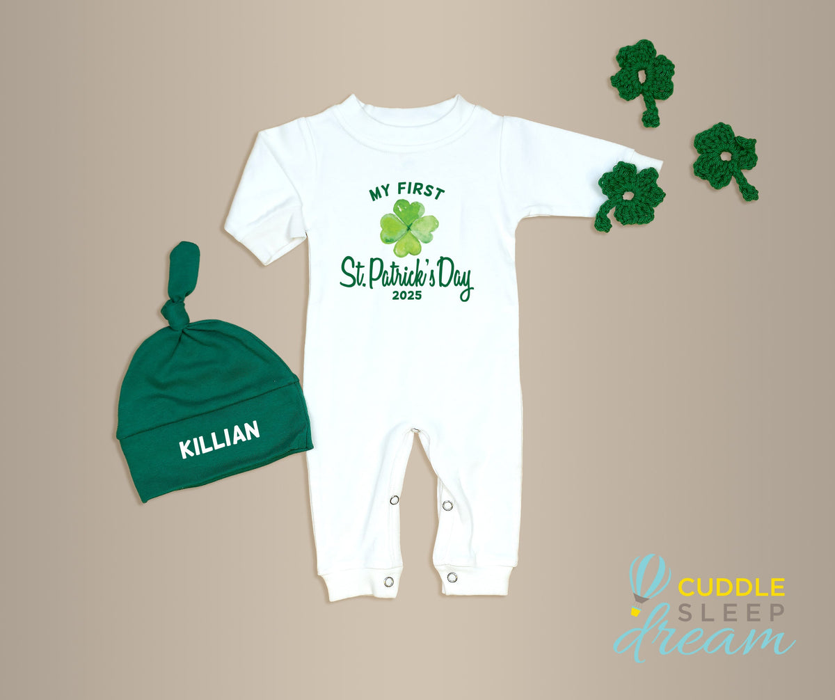 Cuddle Sleep Dream My First St. Patrick&#39;s Day w/ Shamrock | White Long Romper