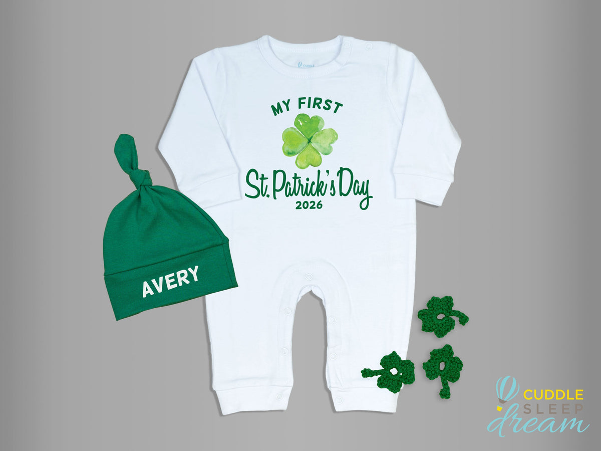Cuddle Sleep Dream My First St. Patrick's Day w/ Shamrock | White Long Romper