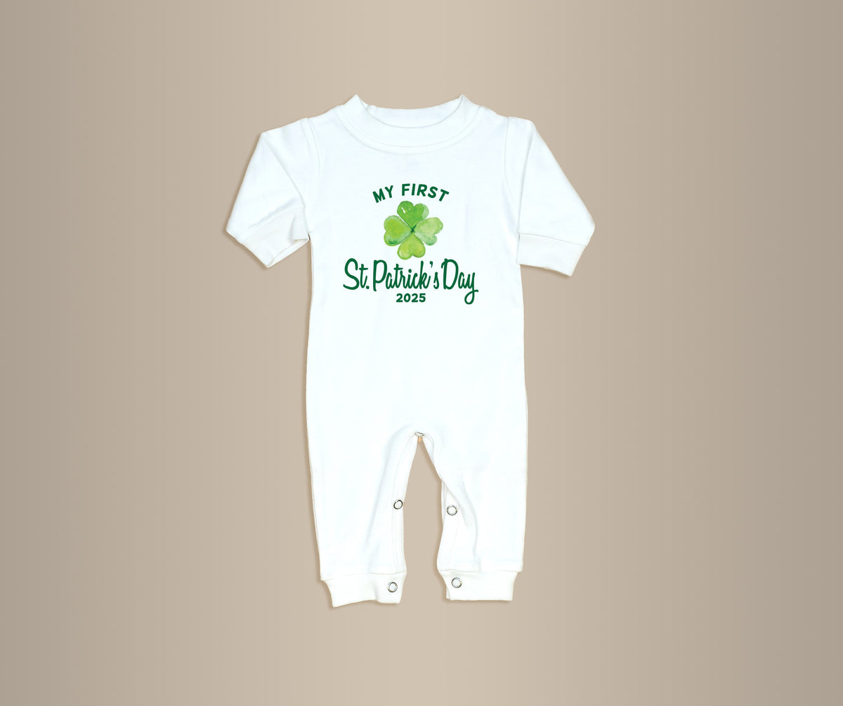 Cuddle Sleep Dream 3-6m My First St. Patrick&#39;s Day w/ Shamrock | White Long Romper