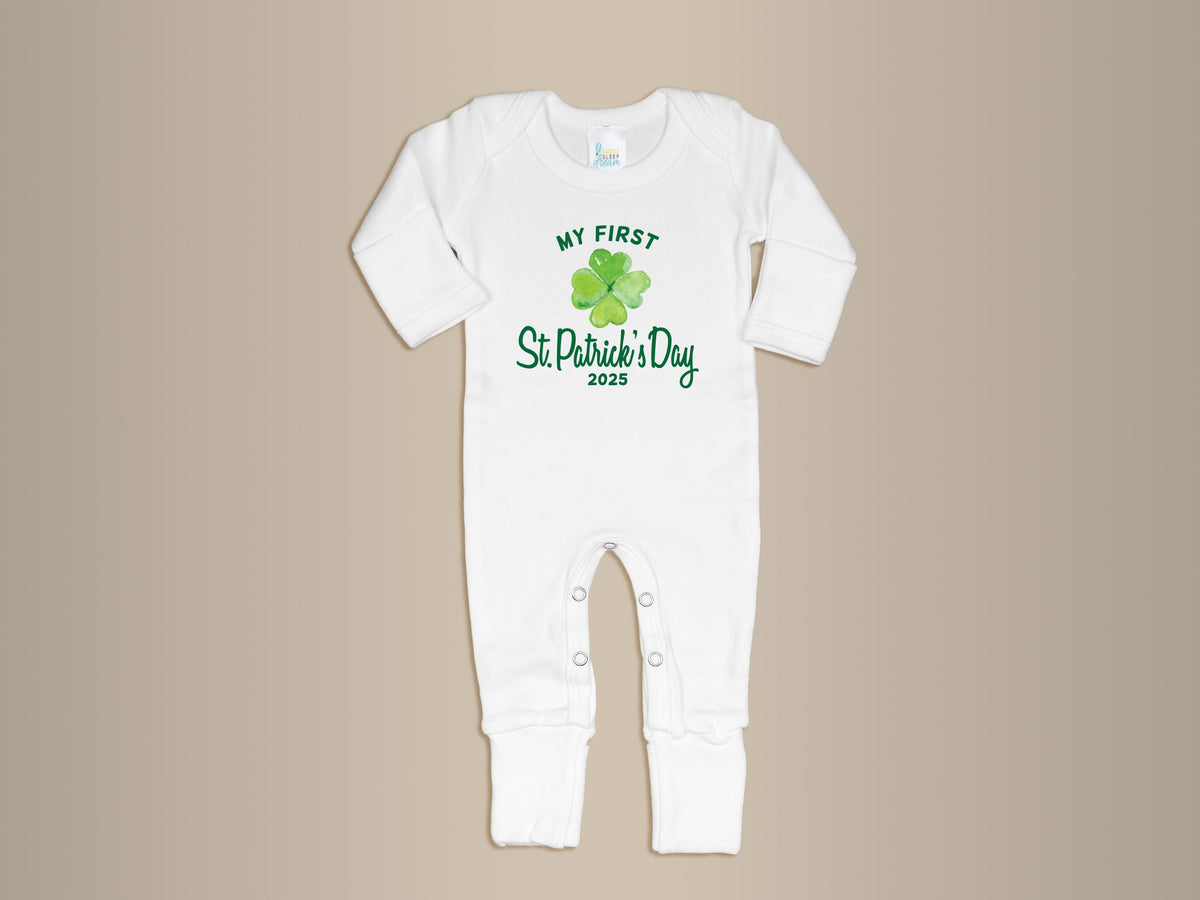 Cuddle Sleep Dream Newborn My First St. Patrick&#39;s Day w/ Shamrock | White Long Romper