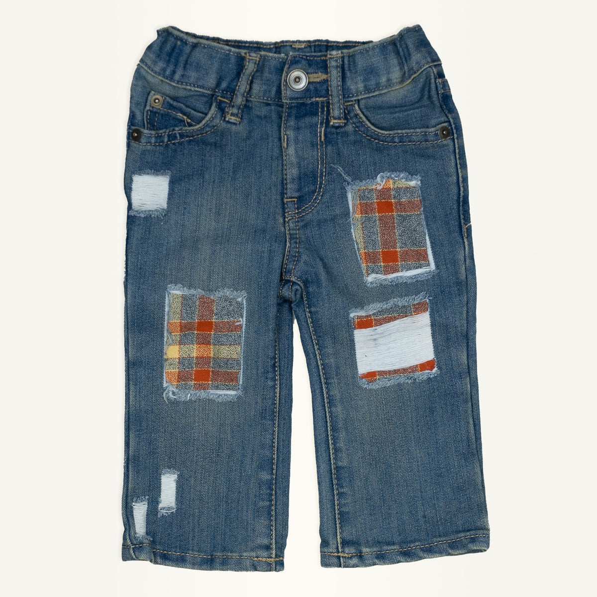 Surprisingly Sisters 6-9m (CP) Orange &amp; Cream Plaid Destroyed Denim