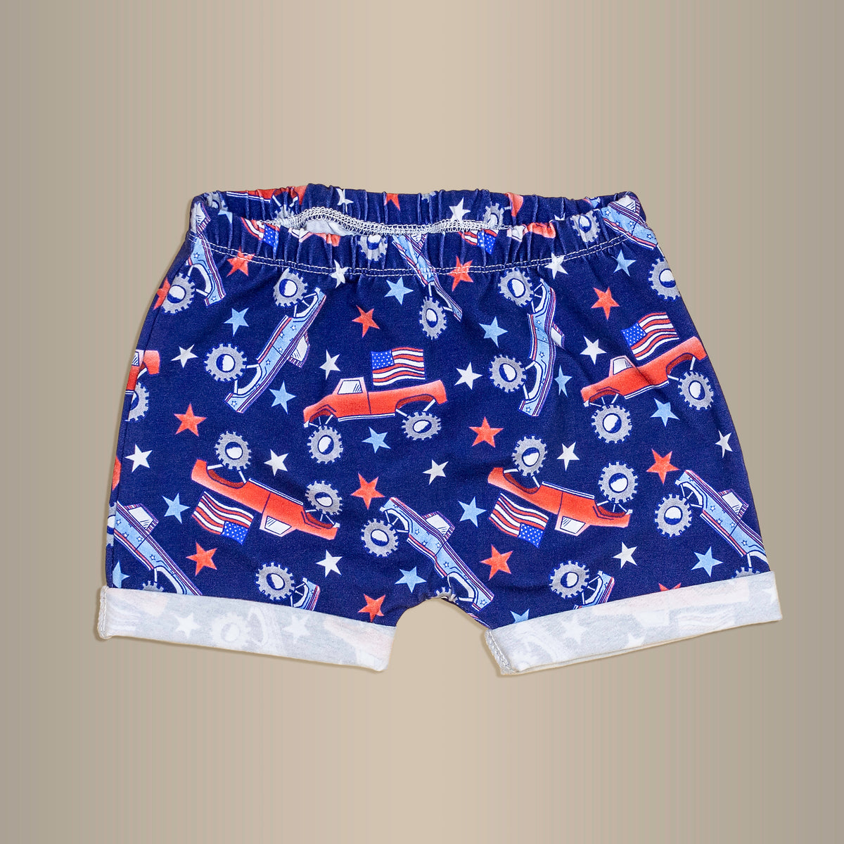 Cuddle Sleep Dream Shorts Patriotic Monster Trucks | Rolled Hem Shorts