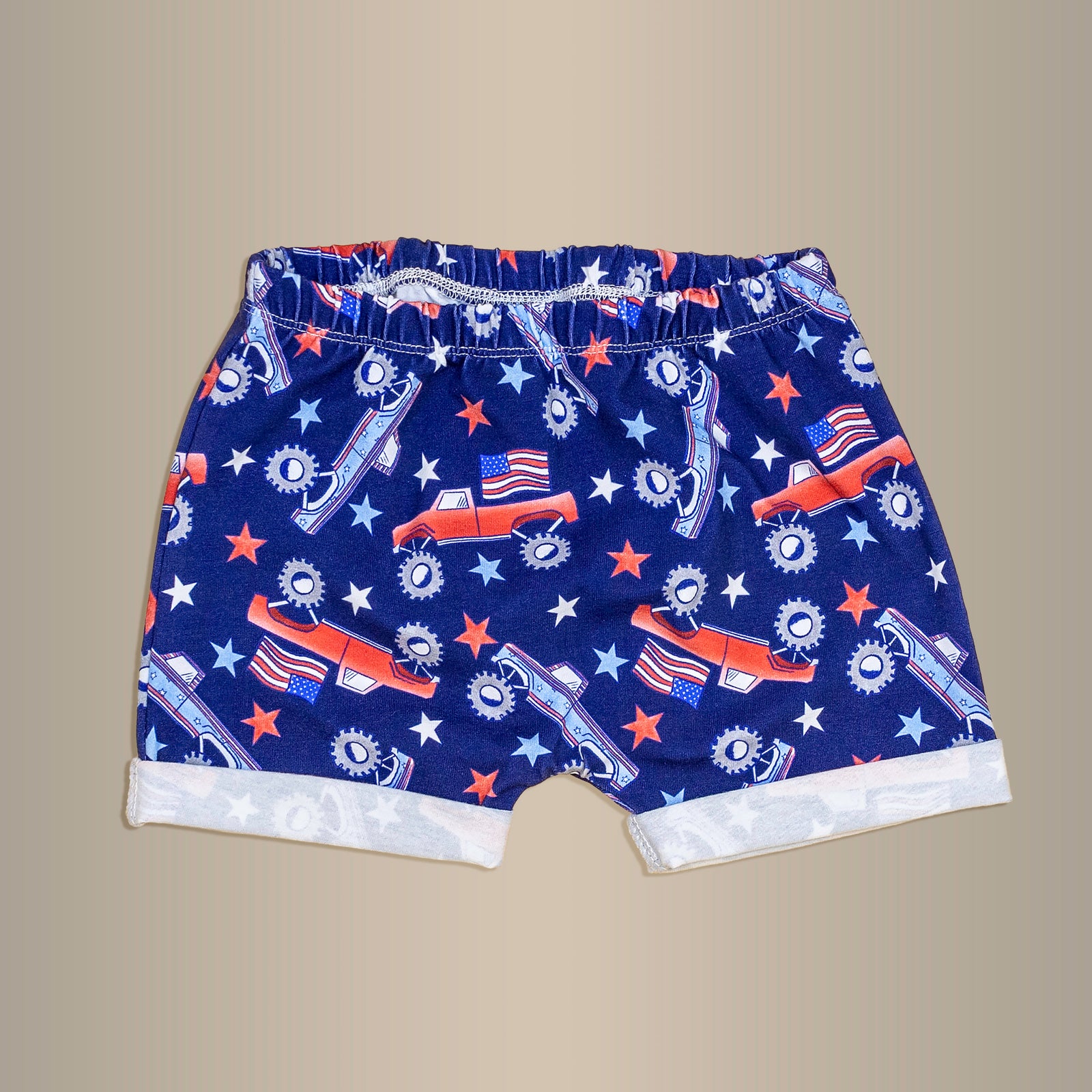 Cuddle Sleep Dream Shorts Patriotic Monster Trucks | Rolled Hem Shorts