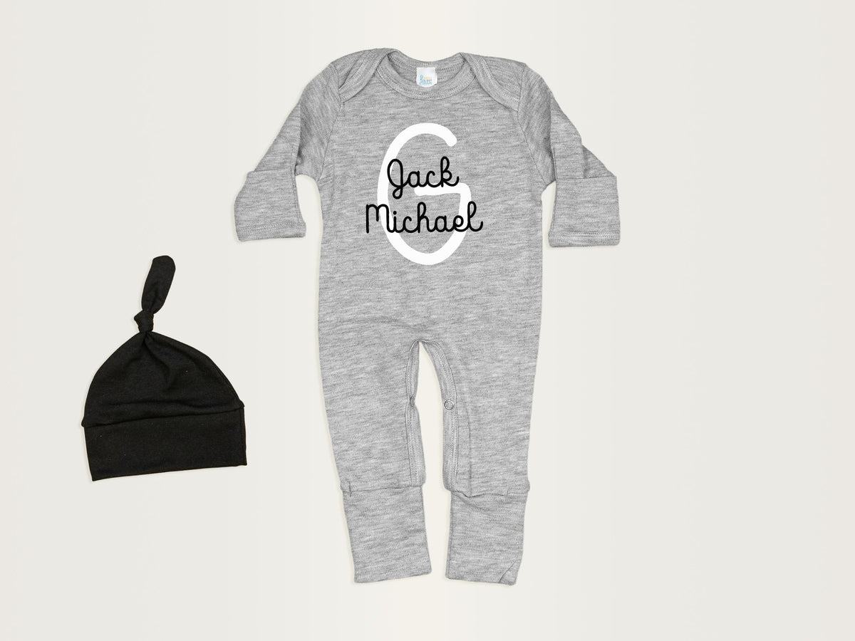 Cuddle Sleep Dream Romper Personalized Baby Name Initial | Gray Romper &amp; Black Hat