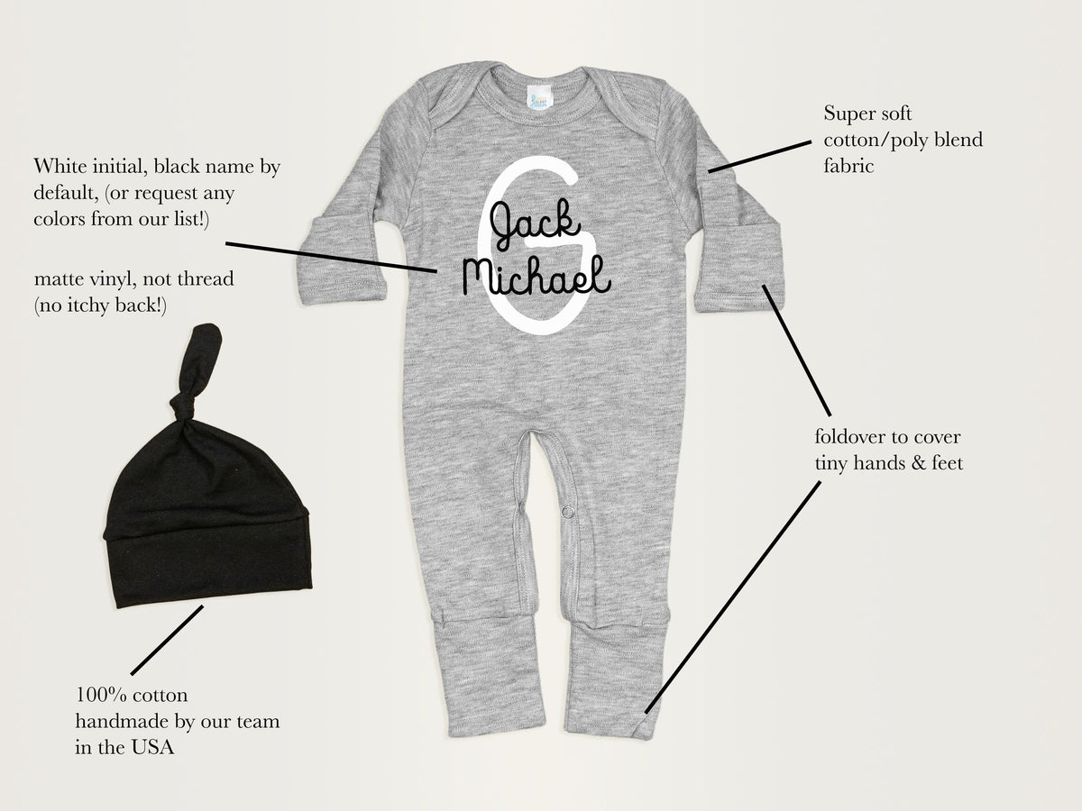 Cuddle Sleep Dream Romper Personalized Baby Name Initial | Gray Romper &amp; Black Hat