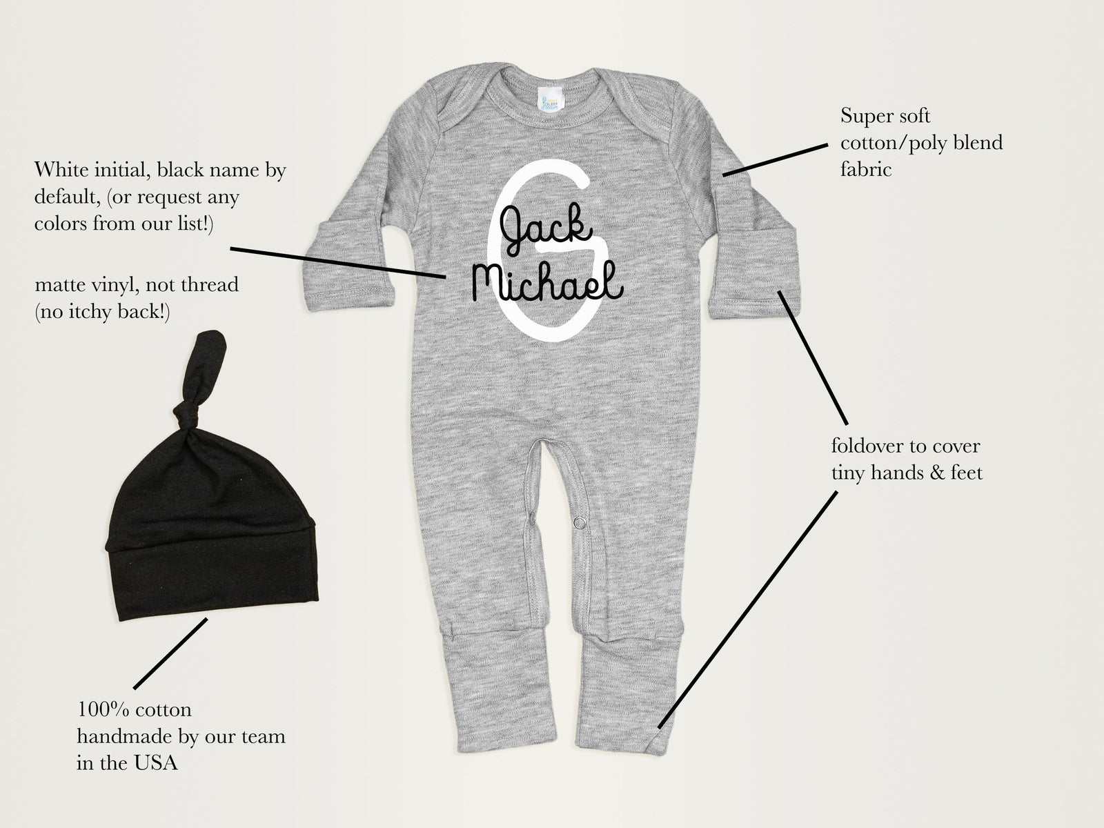 Cuddle Sleep Dream Romper Personalized Baby Name Initial | Gray Romper & Black Hat
