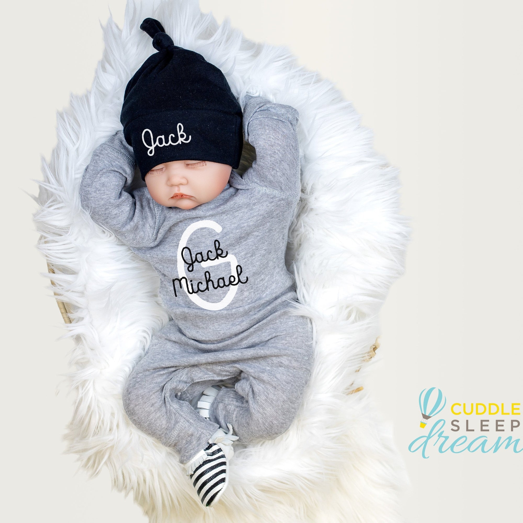 Cuddle Sleep Dream Romper Personalized Baby Name Initial | Gray Romper & Black Hat