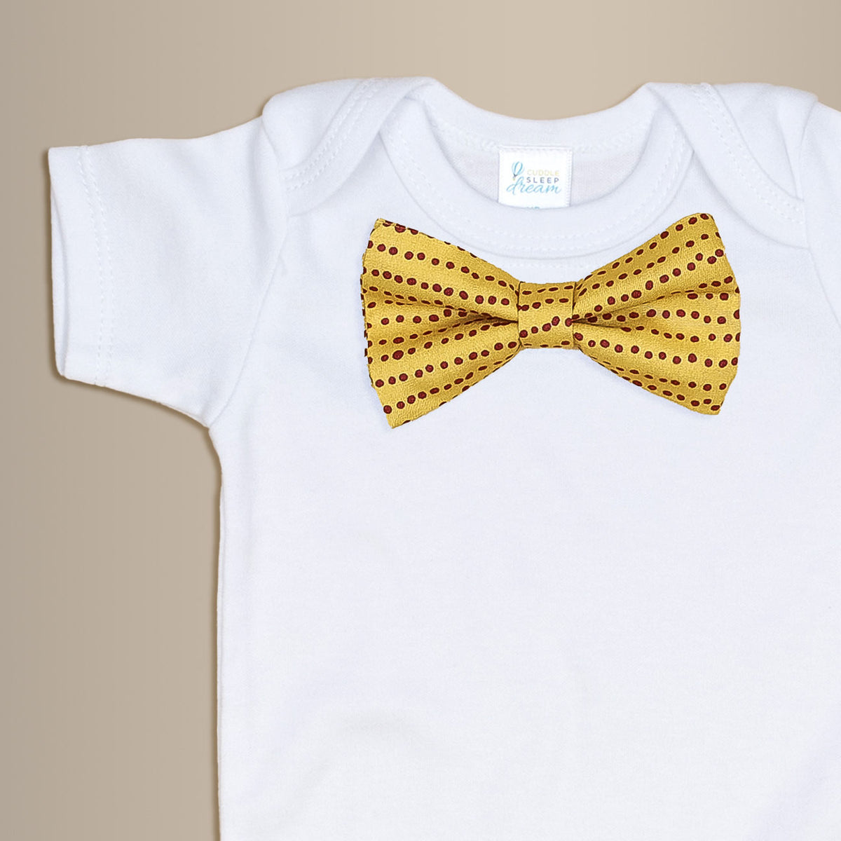 Cuddle Sleep Dream Bowtie Bodysuit Rust Messy Dot on Gold Bowtie Bodysuit