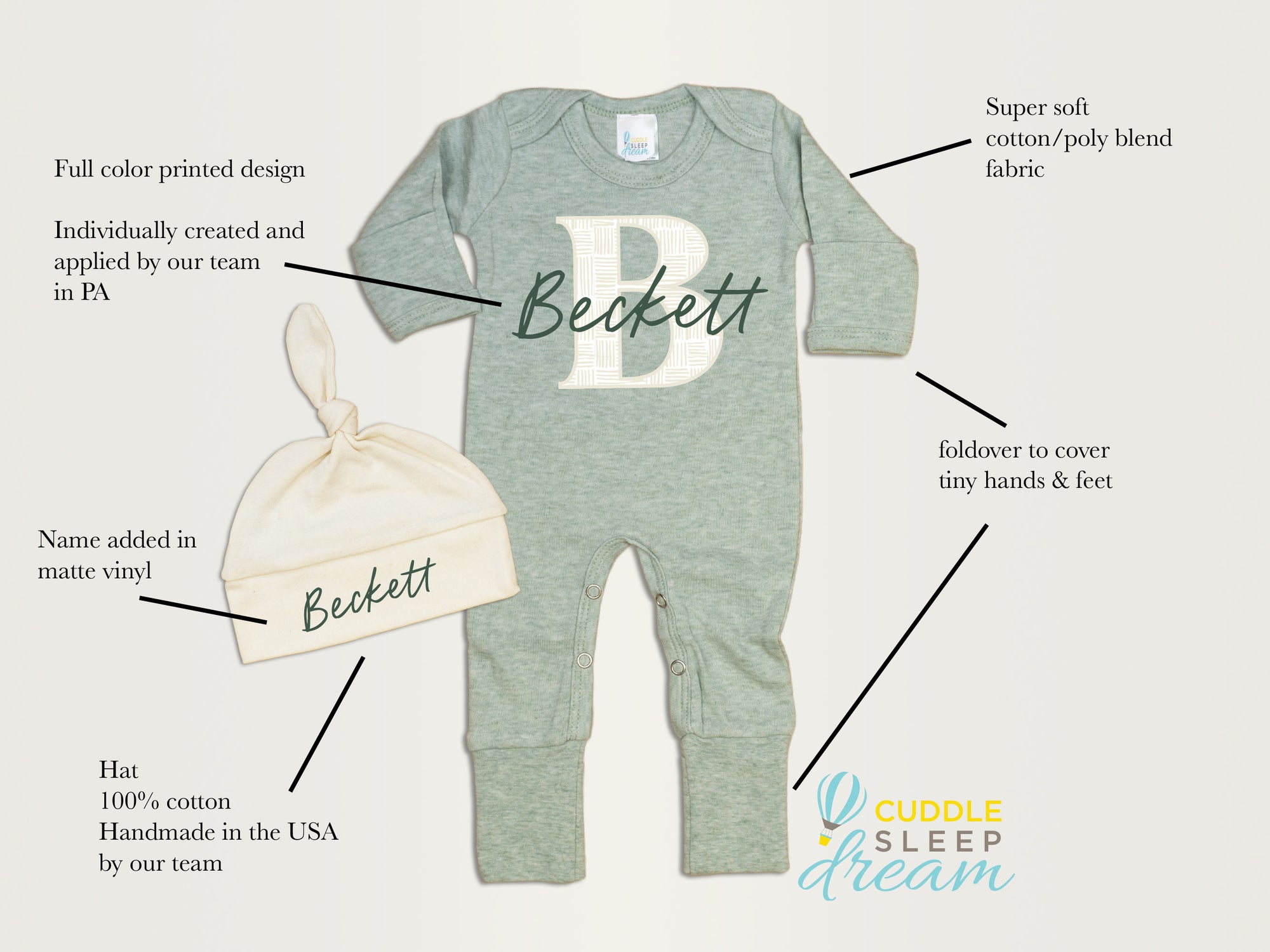 Weave Initial Romper & Hat | Sage