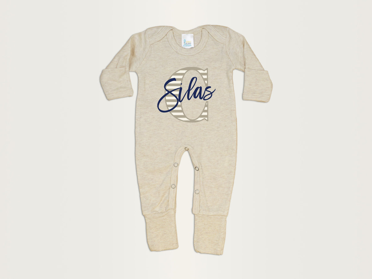 Cuddle Sleep Dream Stripe Initial Romper | Oatmeal