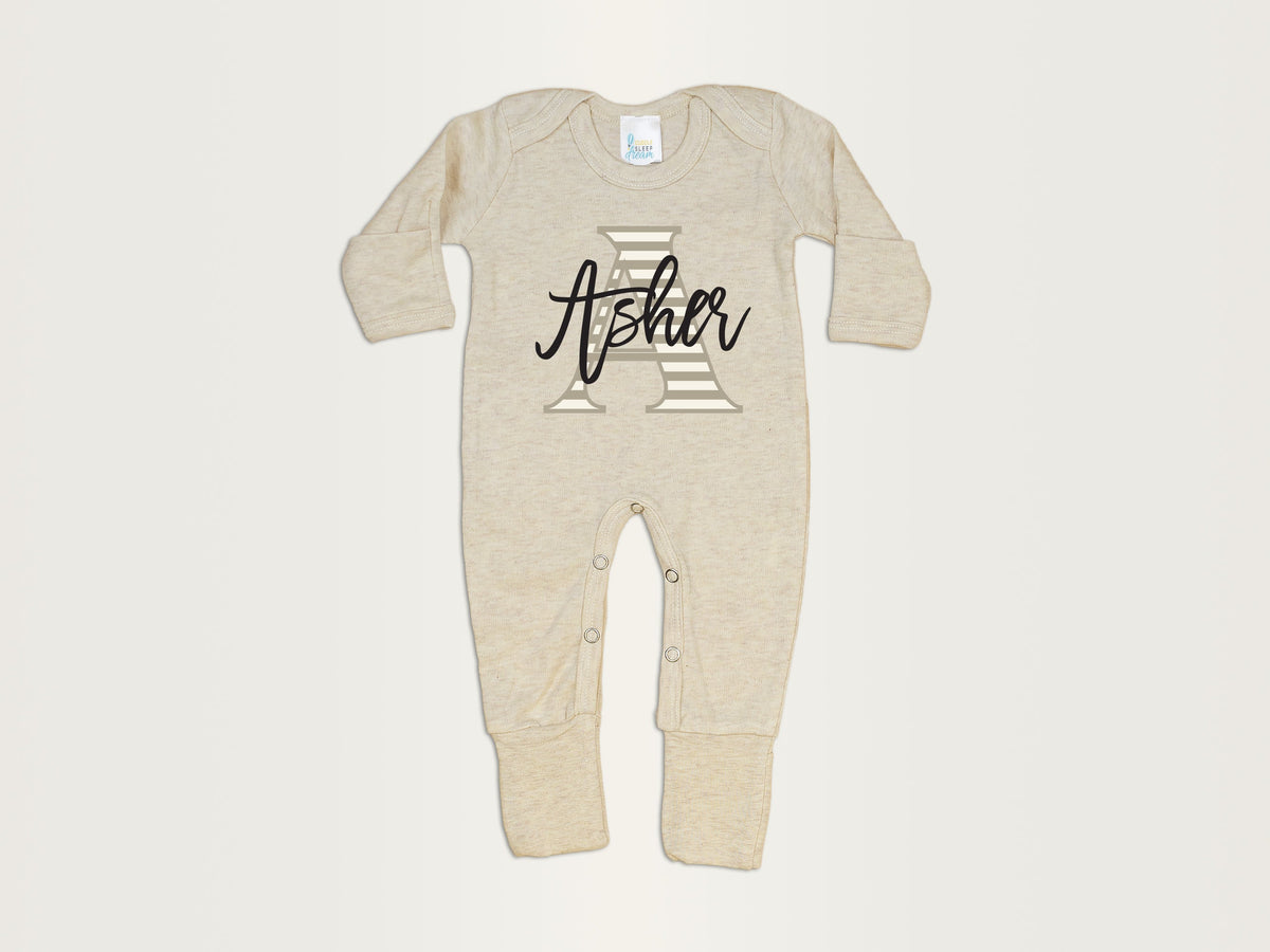 Cuddle Sleep Dream Stripe Initial Romper | Oatmeal