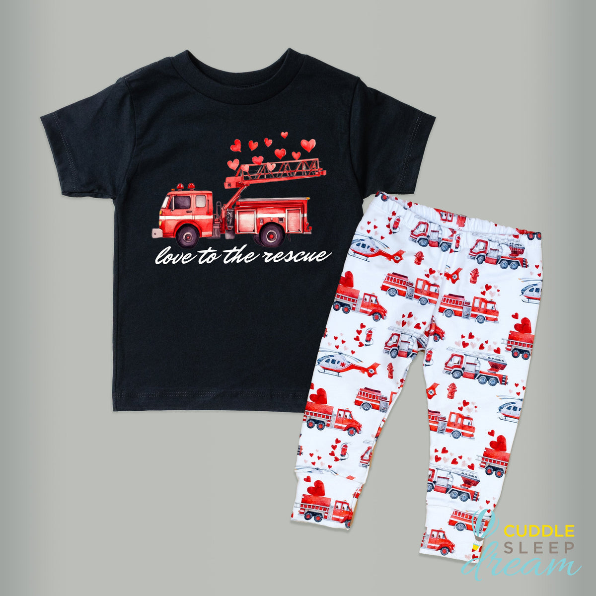 Cuddle Sleep Dream Valentine Firetruck | Black Tshirt