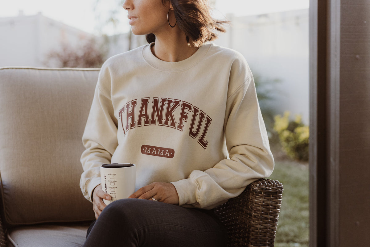Cuddle Sleep Dream Varsity Thankful Mama | Sand Sweatshirt